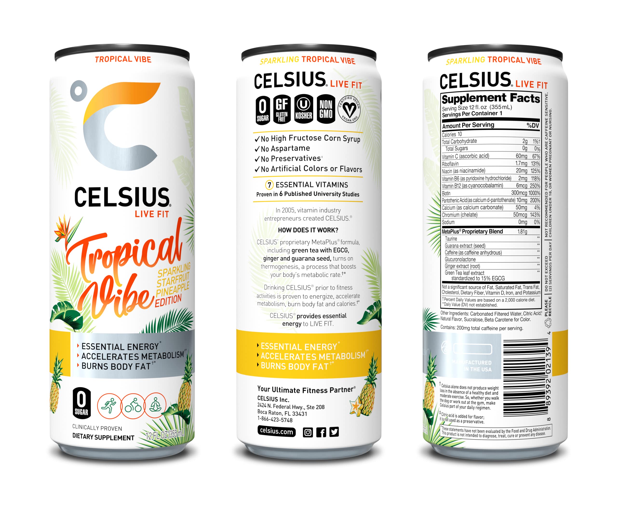 CELSIUS Sparkling Tropical Vibe Energy Drink, Zero Sugar, 12 Fl Oz