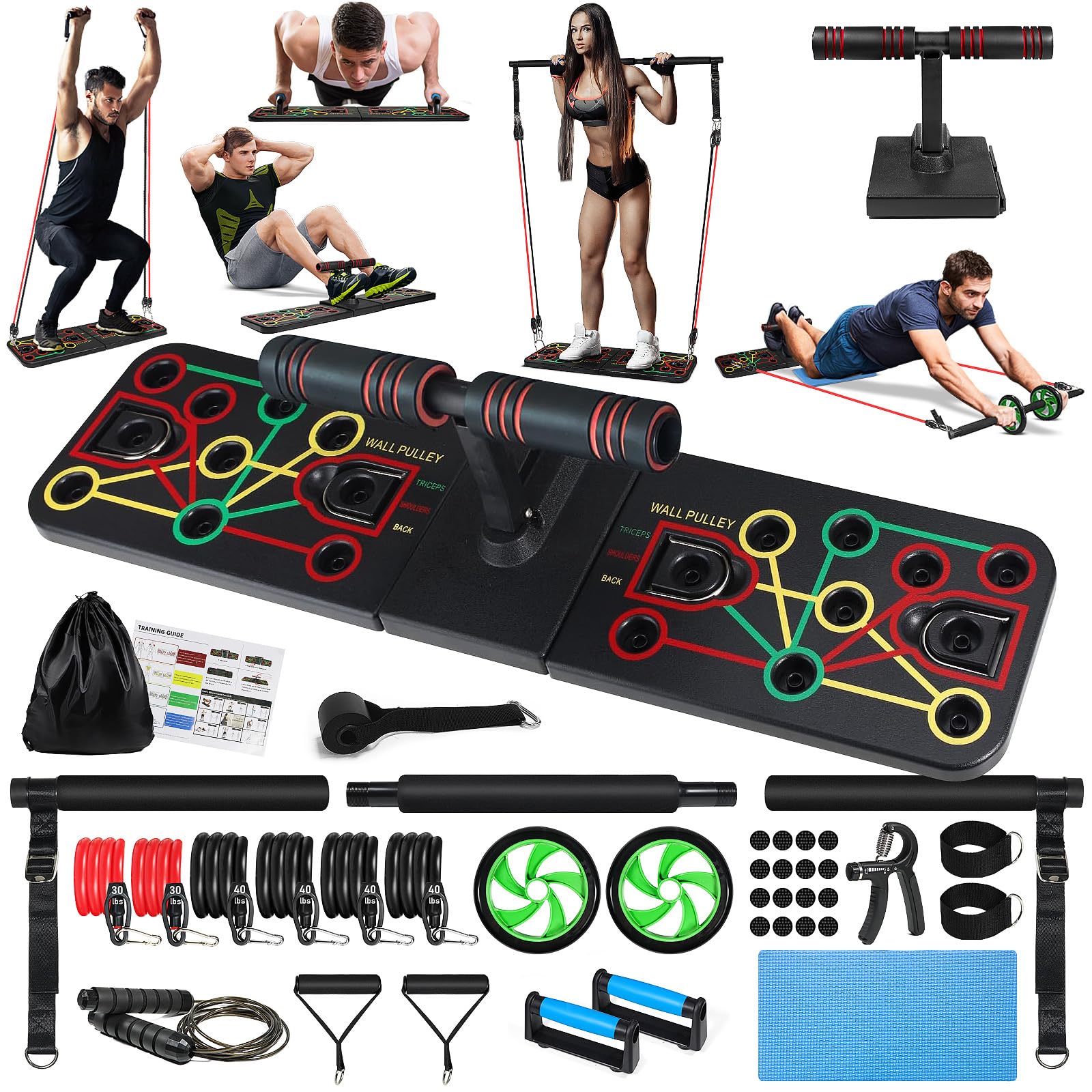 Push Up Board Home Gym Portable System Compact, Pilates Bar & 20 Fitness Accessories with Resistance Bands Ab Roller Wheel Strength Training Equipment Full Body Workout for Men and Women, Best Choice for Boyfriend Girlfriend Gift