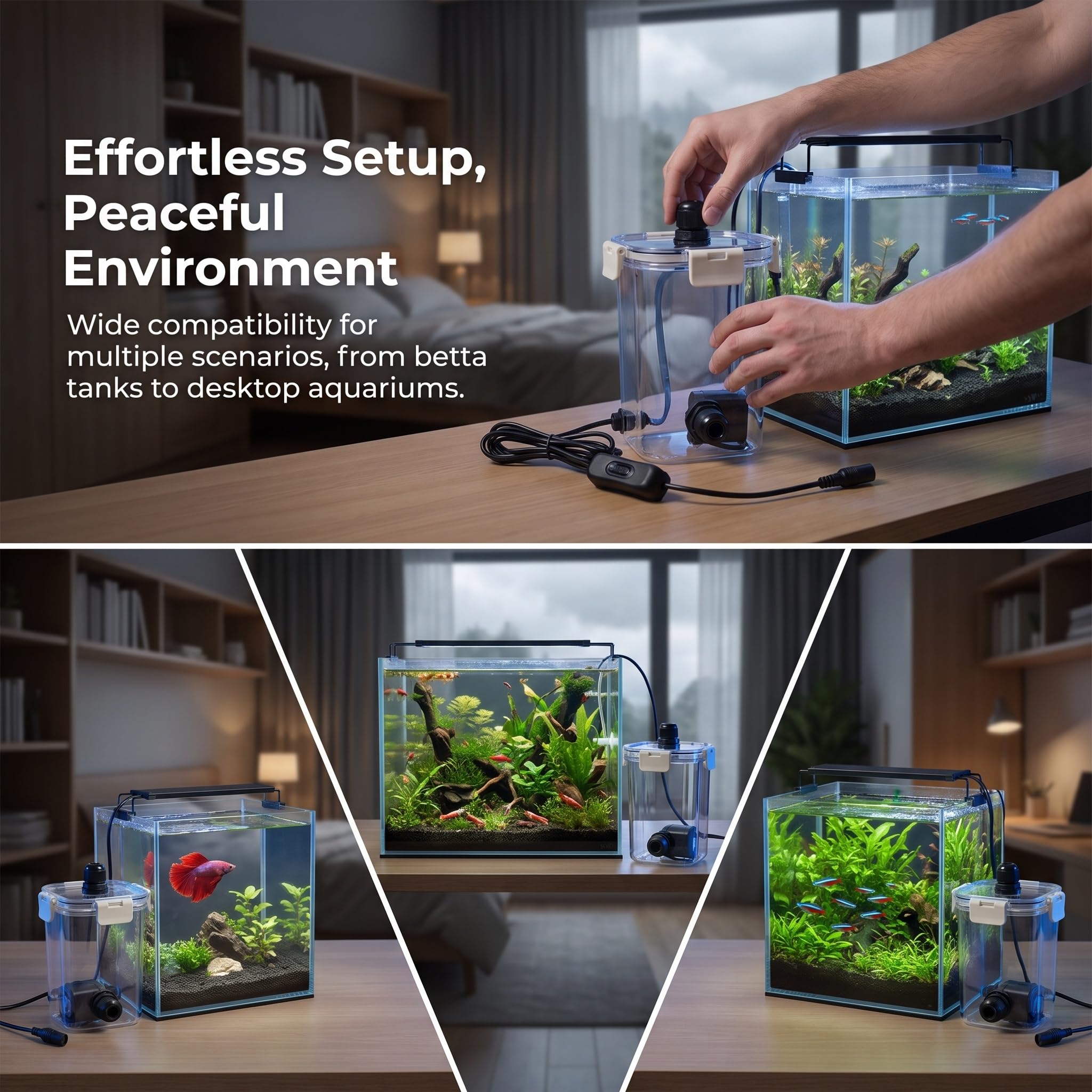 Filtre Externe pour Aquarium, 80/150/200 L/h, Silencieux, avec Tuyau D'arrivée d'eau, Petit Système De Filtration Et De Nettoyage, pour Aquarium De Bureau Nano, Betta Ou Crevettes 80L/H