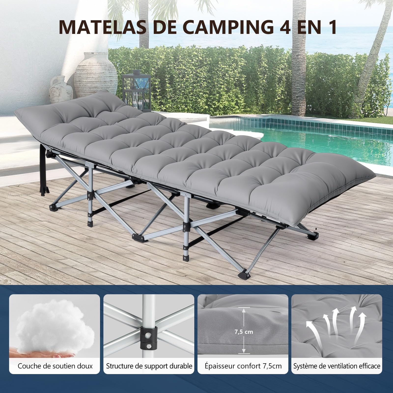 Bonnlo Lit de Camp Pliable en Acier avec Sac de Transport Lit de Camping en Oxford 600D Charge Max. Jusqu'à 150kg, Lit de Voyage Parfait pour Jardin, Camping, Plage et Intérieur, Gris, 190×71x36 cm