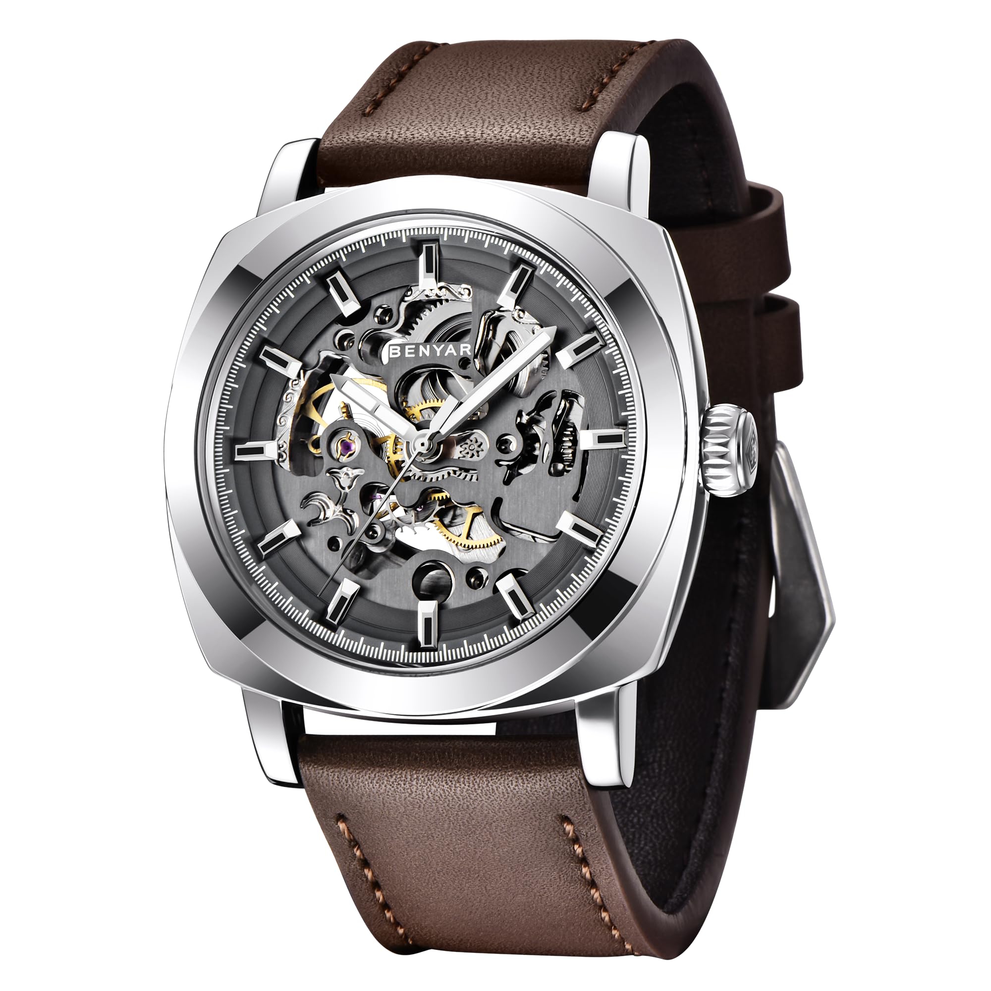 BENYAR - Montre mécanique Automatique pour Homme - Bracelet en Cuir - Mouvement doré - Cadran Squelette de 45 mm - Résistant à l'eau et aux Rayures - Cadeau élégant pour Homme