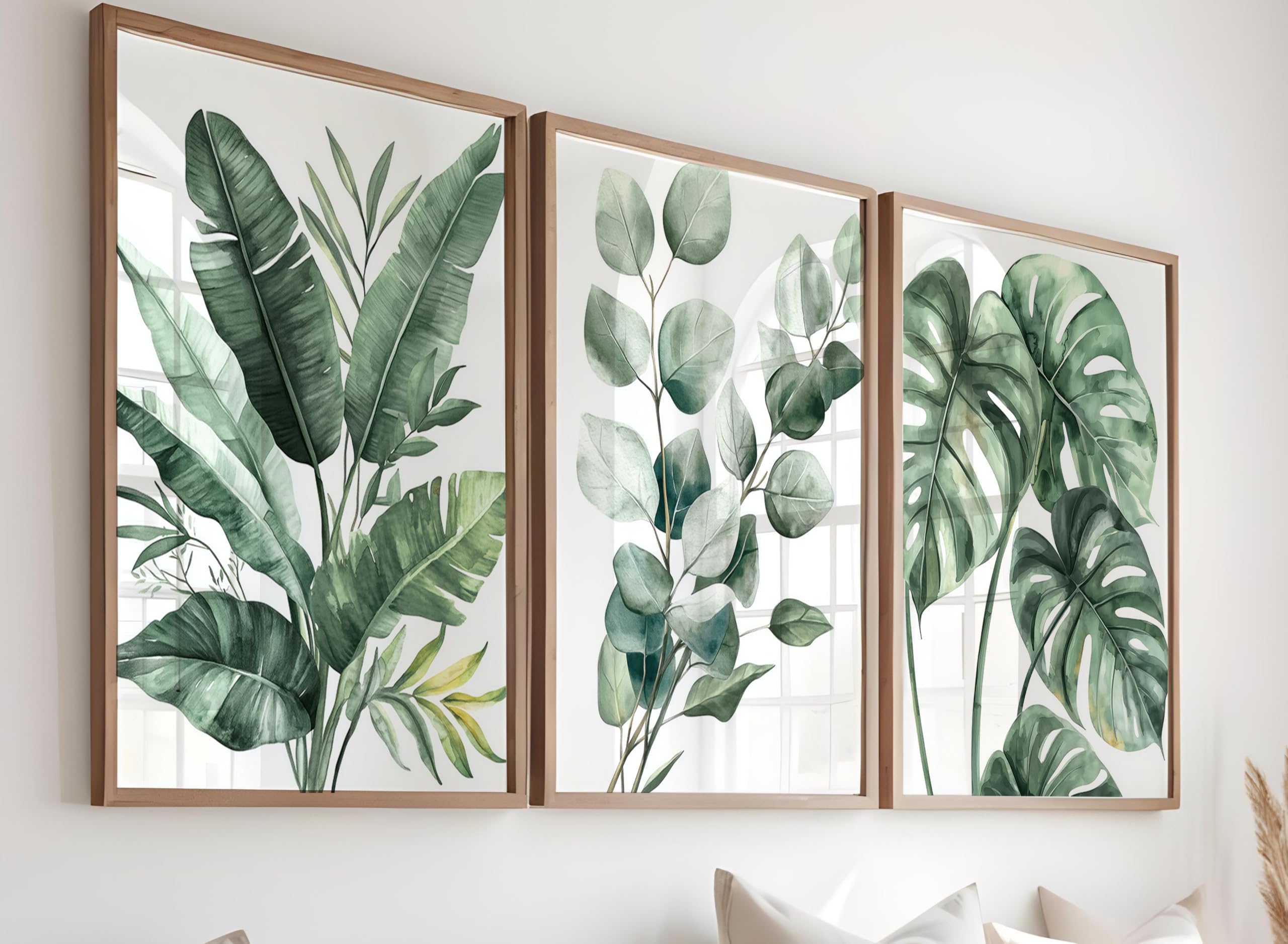 A set of 3 Monstera Leaf Watercolor Art Print – Tropical Plant Decor for Home – Natural Plant Leaves Home Decor – Minimalist Botanical Print - Plant Wall Art Set- UNFRAMED (Design 1, 21x29.7 cm (A4)