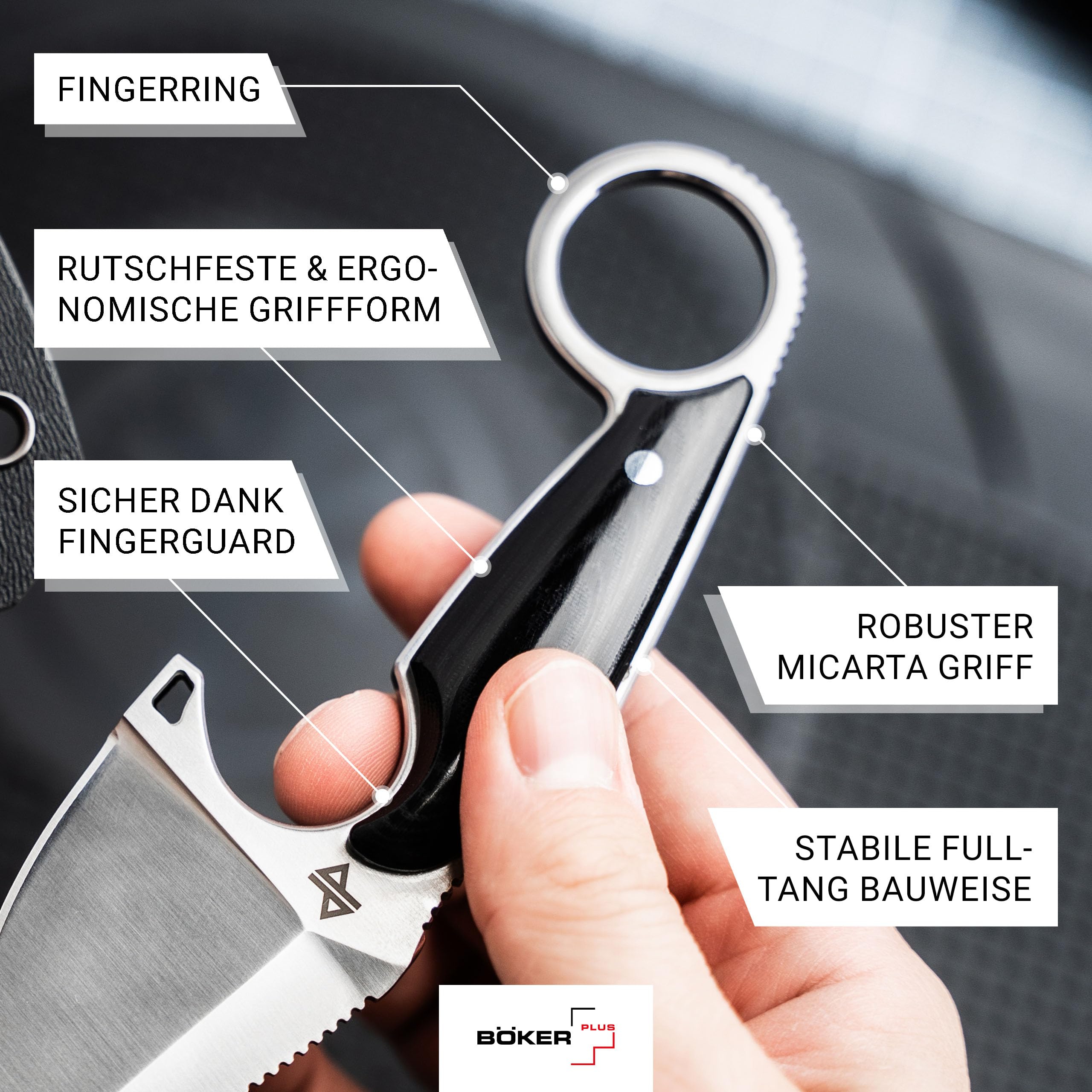 BÖKER PLUS® Enki - kleines Full Tang Messer mit Kydexscheide - taktisches Messer mit 5,6 cm D2 Droppoint Klinge feststehend - Neck Knife 42a konform - Backup Messer mit Micarta Griff schwarz & Ring