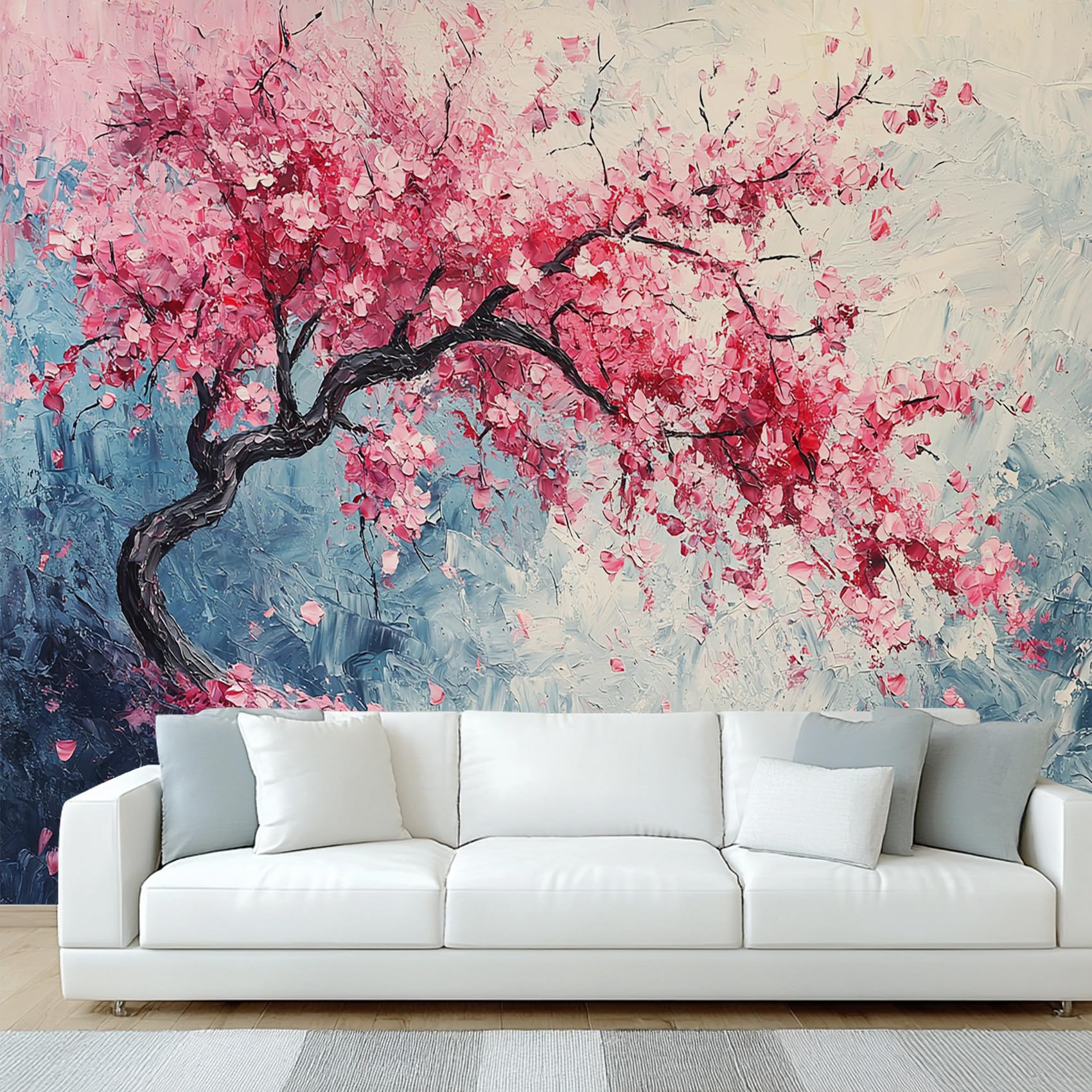 Générique Papier Peint Panoramique Fleur de Cerisier Fleuri, Papier Peint Peinture à L'huile Arbre Floral, Fresque Murale, Decoration Chambre Salon, 300 x 210 cm