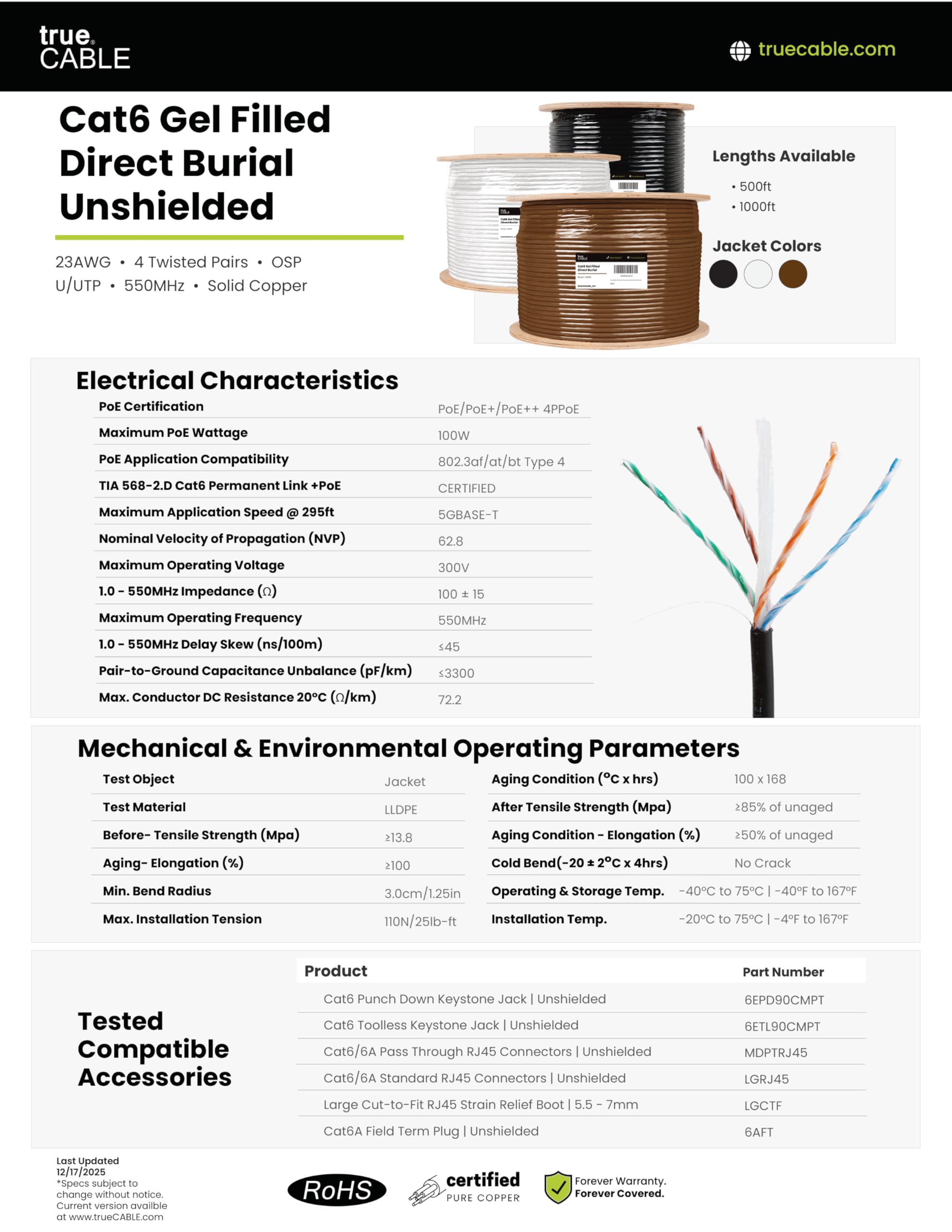 trueCABLE Cat6 à enfouissement direct, rempli de gel, 304,8 m, noir, imperméable, CMX, cuivre nu massif 23 AWG, 550 MHz, certifié ETL, UTP non blindé, câble Ethernet en vrac
