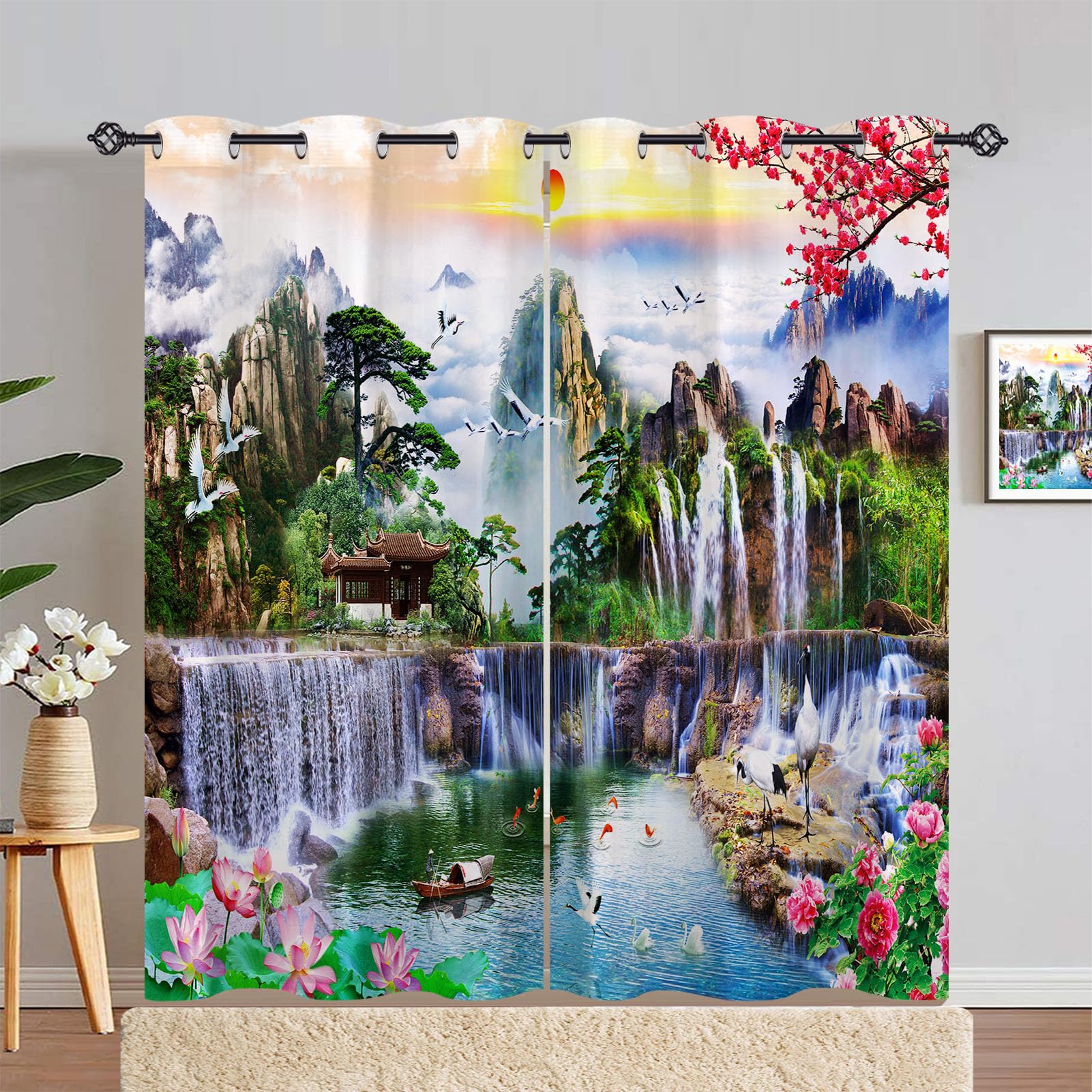ANHOPE Scenery Curtains Eyelet Blackout Thermal Insulated Curtains Nature Sunset Mountain Waterfall Print Pattern Soft Soundproof Privacy Window Drapes for Bedroom Living Room 55 x 72 Inch 2 Panels