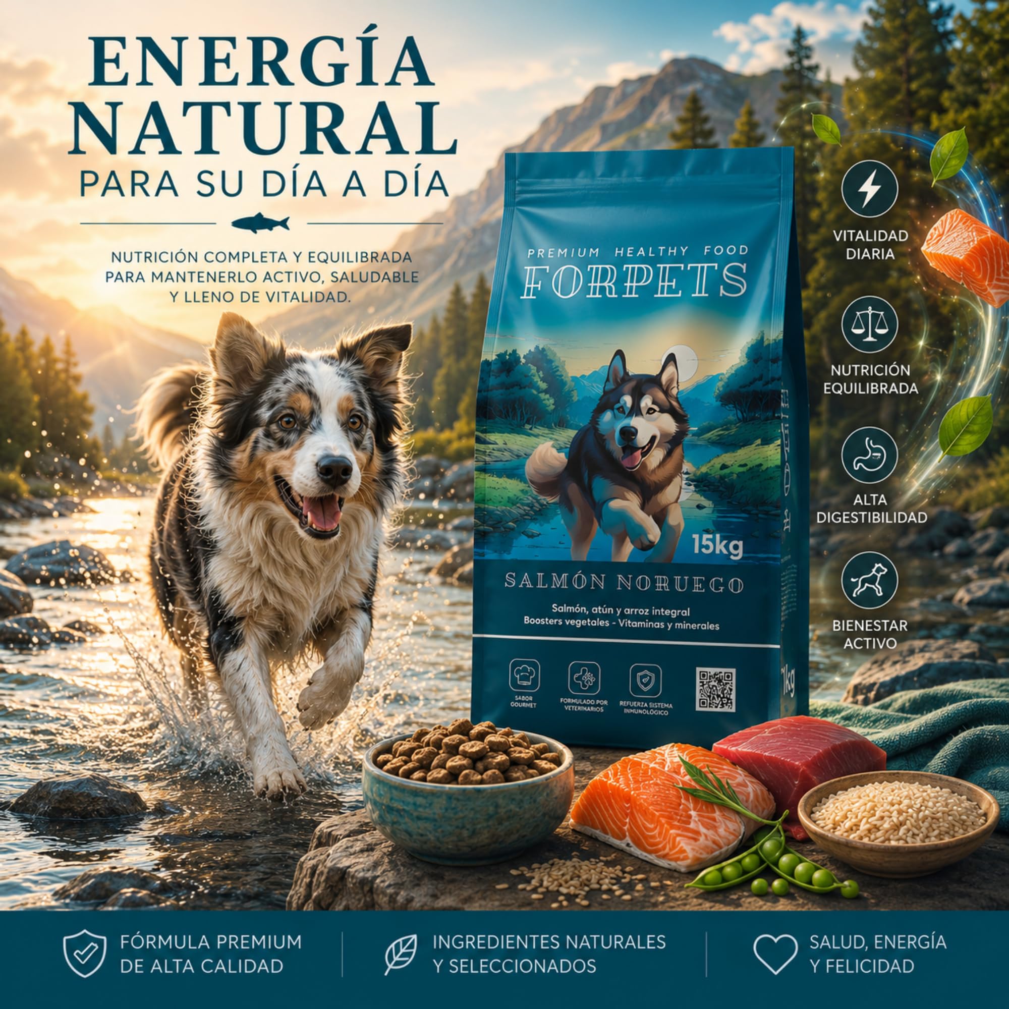 FORPETS Pack Pienso Salmón Noruego 15kg + 9 Latas Cordero y Ternera en Salsa, Comida Natural para Perros Adultos, Sin Trigo ni Maíz, Hipoalergénico, Omega 3 y 6