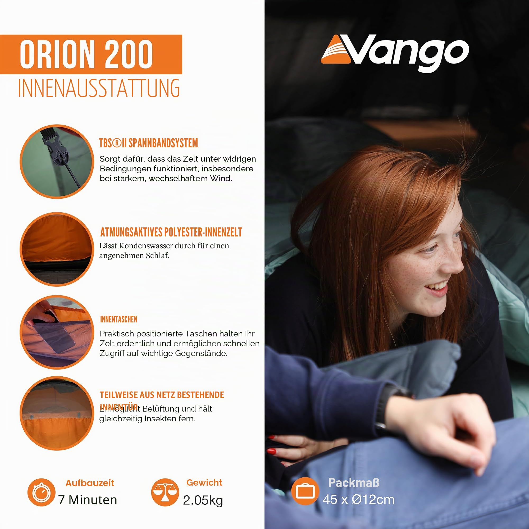 Vango Orion 200 2-Personen-Tunnelzelt, 5000 mm Wassersäule mit Aluminiumstangen, leicht, Camping, Klettern, Rucksackwandern, Trekking, Kiefer