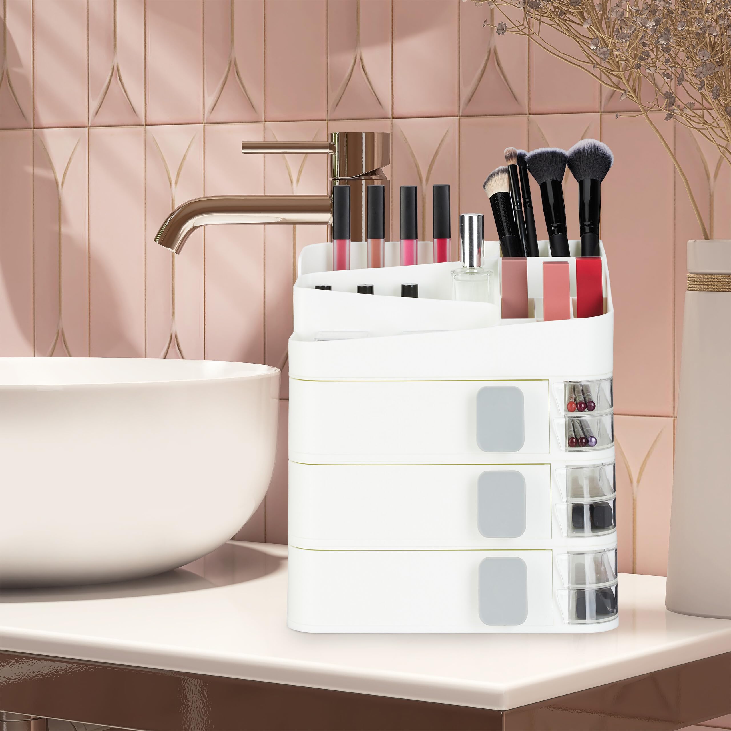 Relaxdays Organizer na kosmetyki, 24 przegródki, tworzywo sztuczne, wys. x szer. x gł.: 27,5 x 26 x 21 cm, organizer na kosmetyki, biały