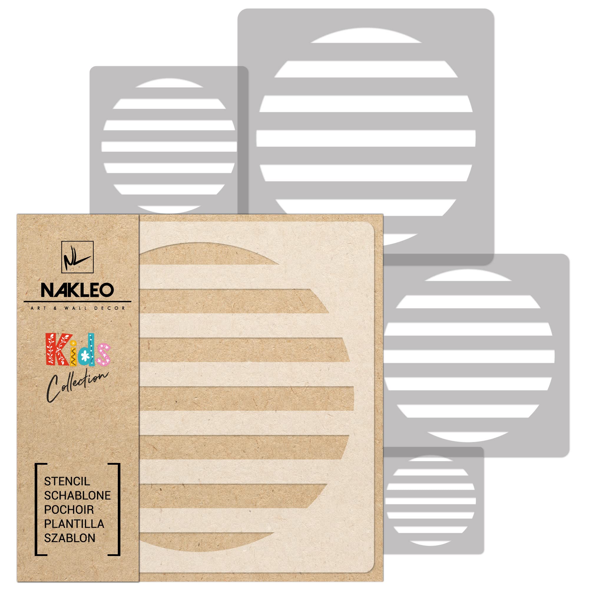 NAKLEO Painting Stencils Set for Nursery Room, 5 Pcs Templates 9x9 to 34x34cm Halftone Stripe Circle, Plastic and Reusable Drawing Stencils, Decor, Craft DIY Wall Furniture