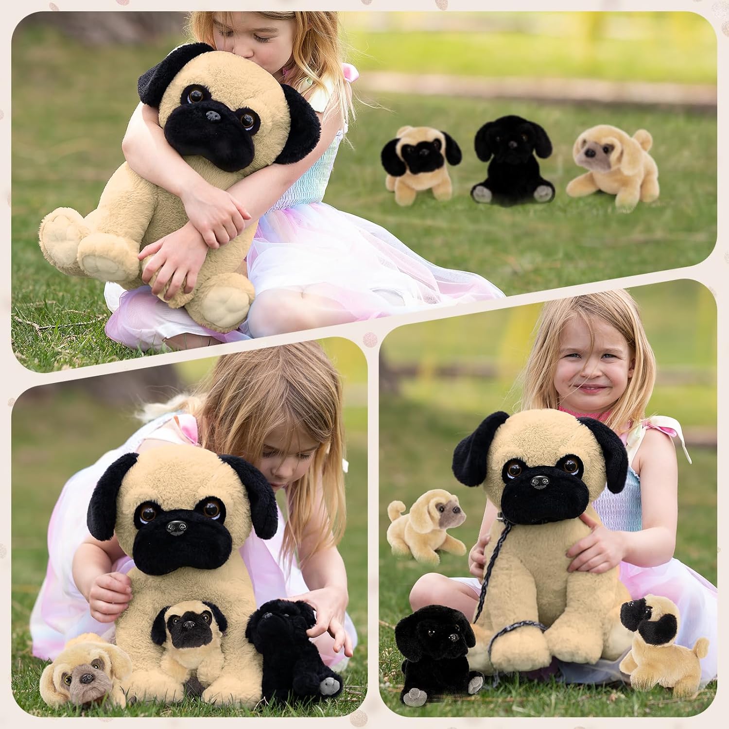 MorisMos Pug Dog Stuffed Animal with Babies,14'' Large Mommy Dog Push with Baby Puppy Toys for Kids,4Pcs Realistic Bulldog Toys for Girl Boy, Stuffed Pug Toy Gift for Birthday Christmas