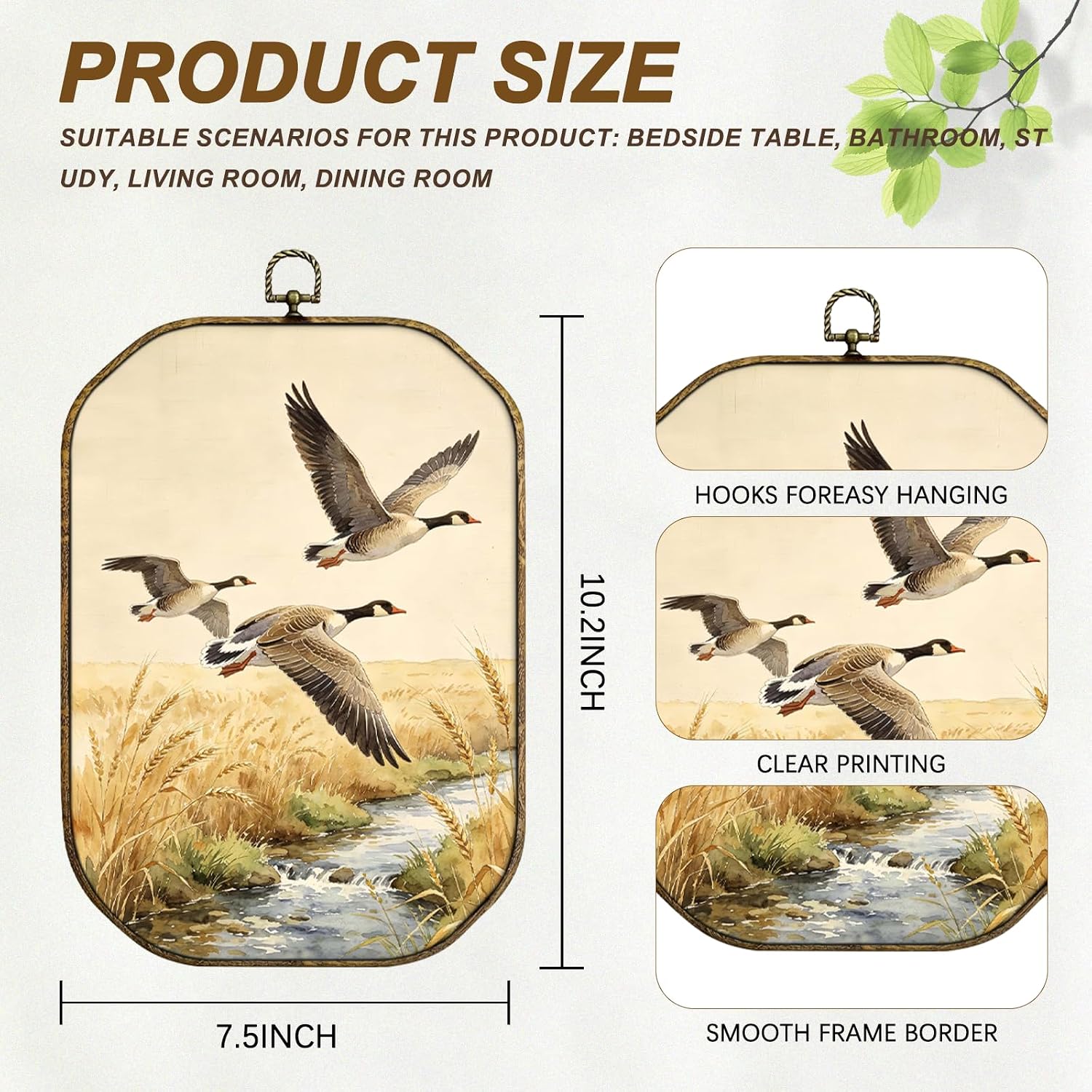 XiZoDinia Octagonal Framed Flying Wild Goose Wall Art, 7.5x10.2 Inch Vintage Wood-Look Animal Wall Decor, Watercolor Geese Over Wheat Field Print, Aesthetic Mural for Bathroom Living Room Bedroom, Nature Lover Gift (Wild Geese) image 2