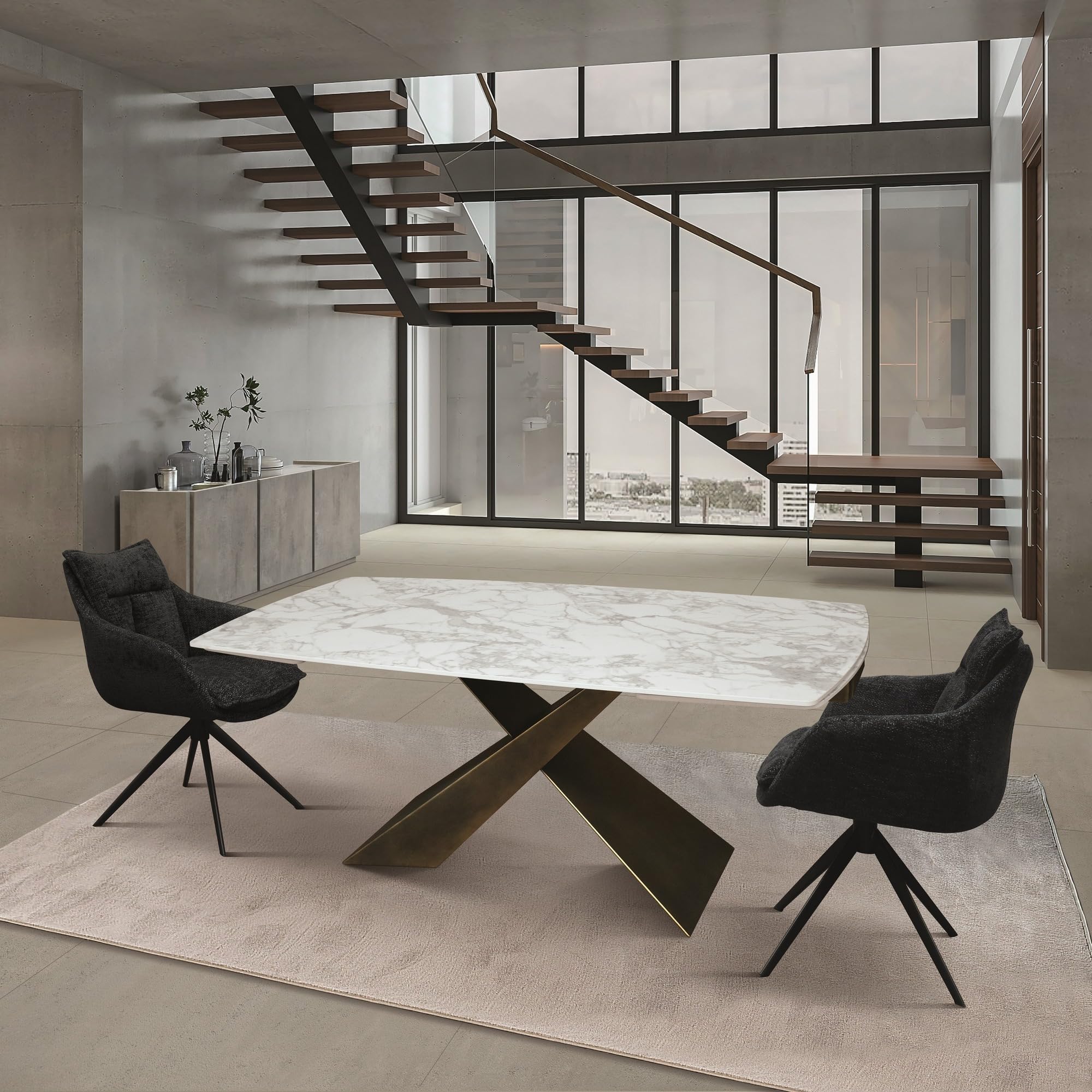 KONTE.DESIGN Tavolo FIGARI in vetroceramica bianco arabesco con gambe a X in metallo bronzo, allungabile 160x90 cm - 240x90 cm