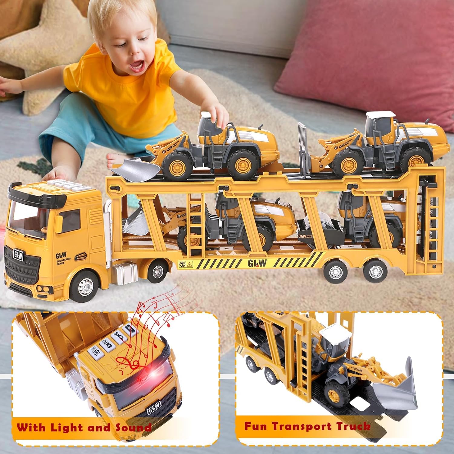 Vehiculos Construccion grandes - Camión Grúa, Excavadora Aplanadora, Máquina elevadora, Juguete de Regalo para Niños 3 4 5 6 7 años