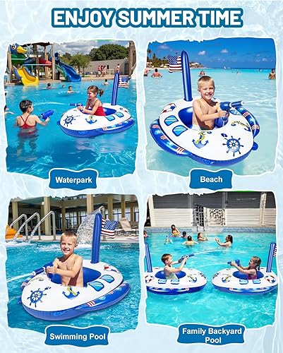 Miniatura 5 de Flotadores inflables de piscina para niños, flotadores de piscina modelo azul marino con pistola de agua con cable de 26 pulgadas para niños y niñas
