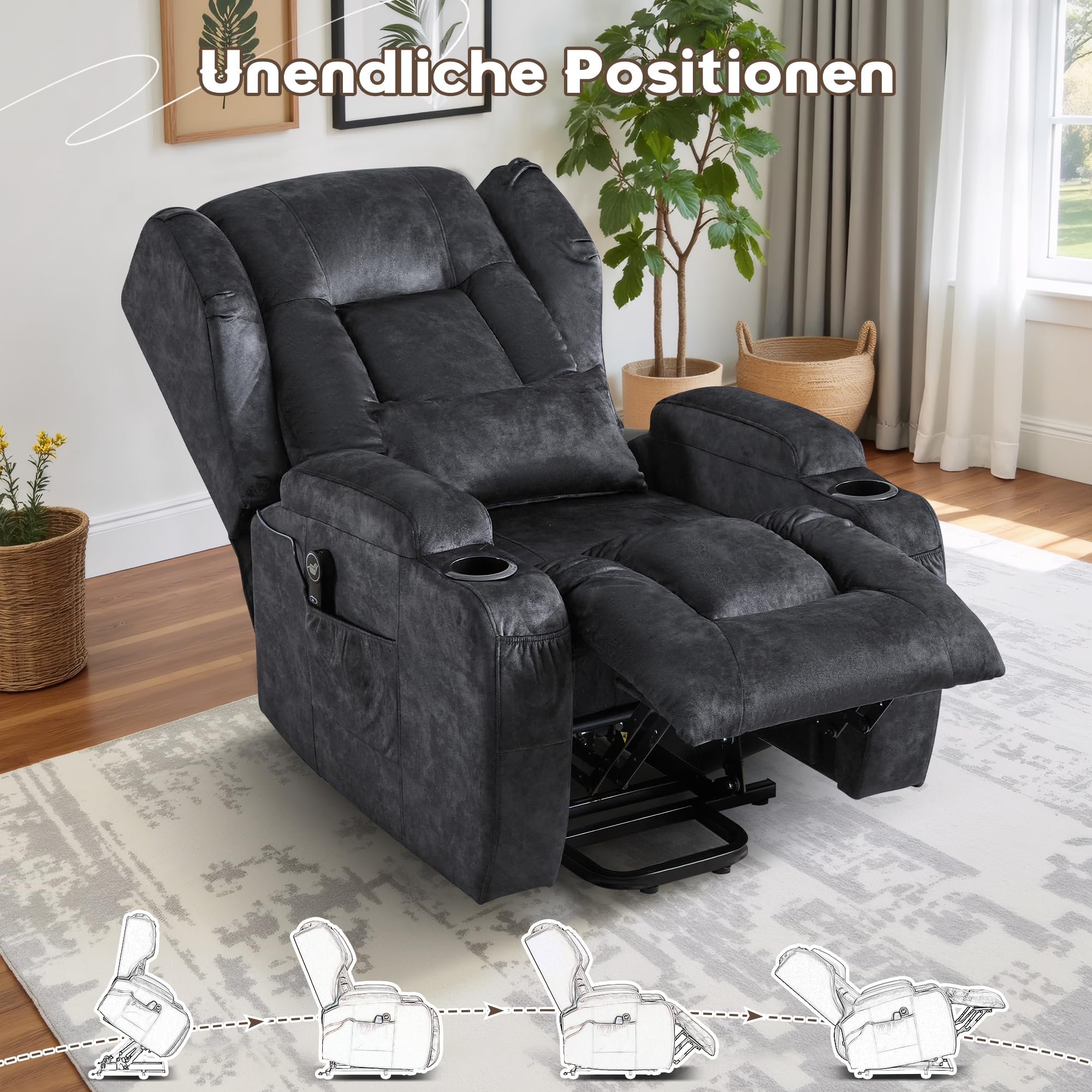 Fernsehsessel mit Aufstehhilfe Elektrisch, Relaxsessel mit Liegefunktion, Massagesessel mit Massage Wärmefunktion Seniorensessel für Senioren, 2 Seitentaschen und Getränkehalters (Samt Grau)