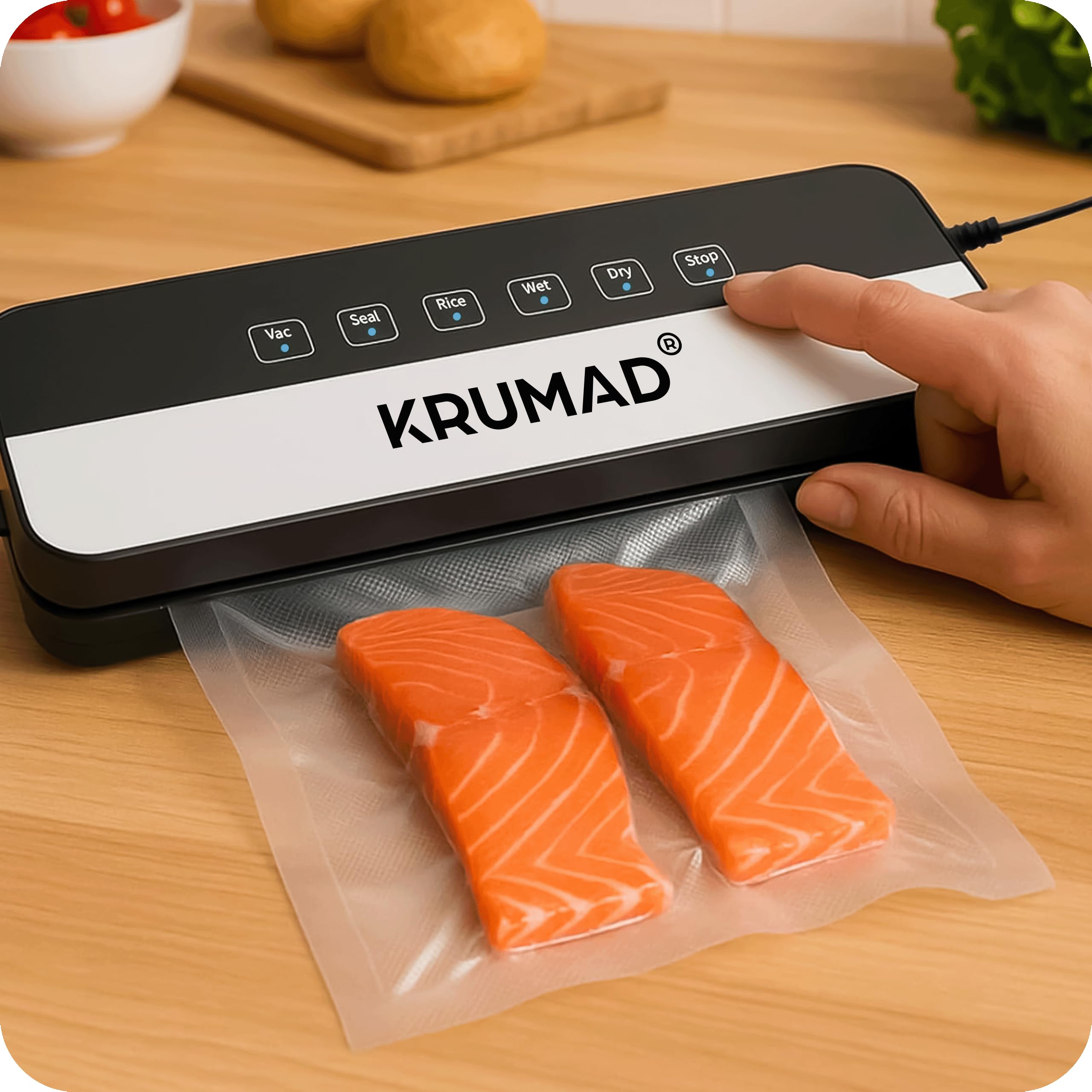 KRUMAD Vakuumiergerät 65kPa/130W Inkl. 10 Vakuumierer Beutel 25x20cm, 5 Modi, mit 30cm Schweißnaht, Vakuumierer für Lebensmittel, Folienschweißgerät, Für Trockene & Feuchte Lebensmittel