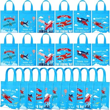 Ferraycle 24 Pcs Airplane Party Favor Bags Airplane Goodie Gift Bags with Handles Birthday Supplies Tote Treat Boxes Planes Party Decorations for Birthday Decorations SuppliesBlue Base