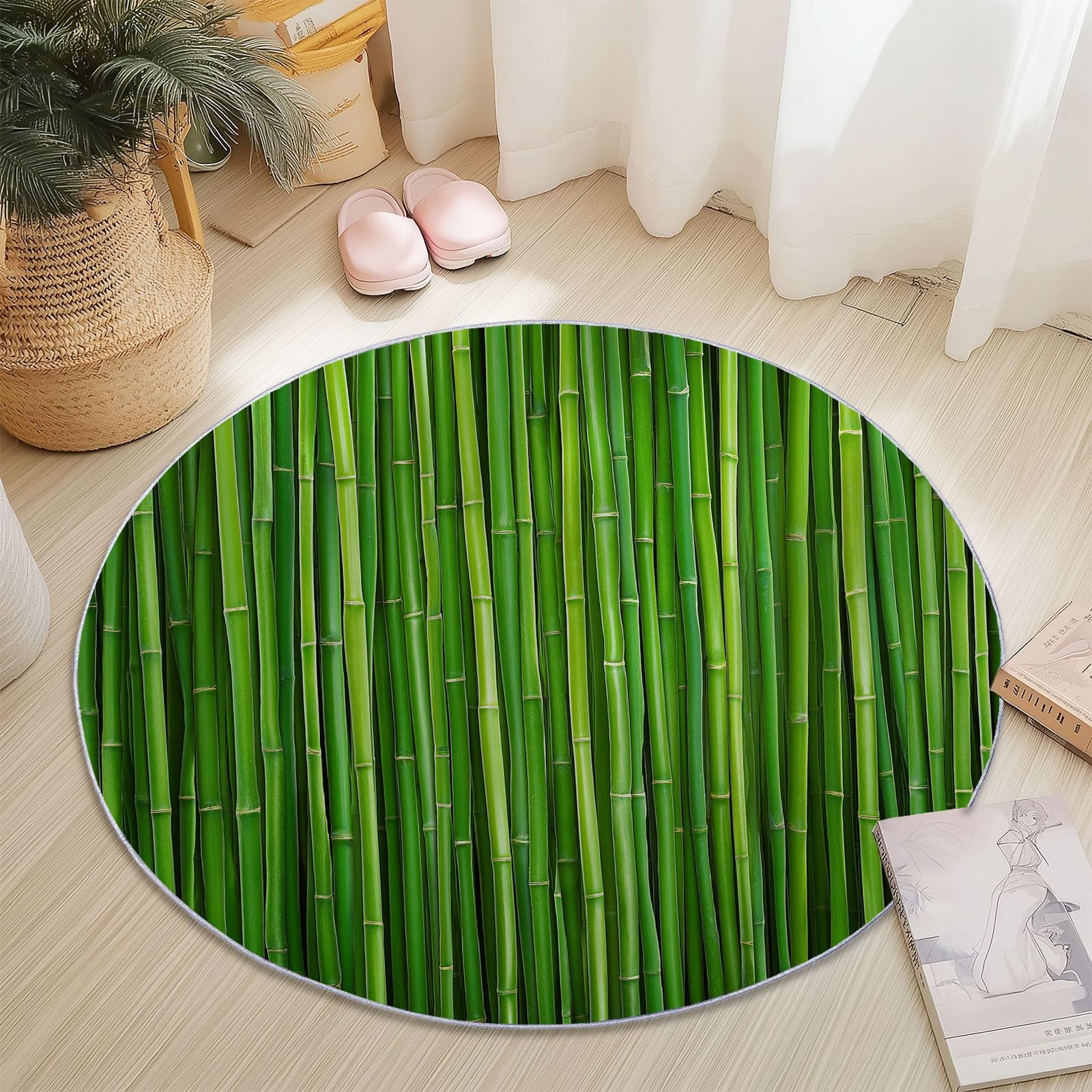 Tappeto Rotondo 120 cm, Morbido, Lavabile, Verde, con Stampa di Piante e bambù, Antiscivolo, Leggero, Ideale per Soggiorno, Sala da Pranzo, Cucina, Camera da Letto e Ingresso.