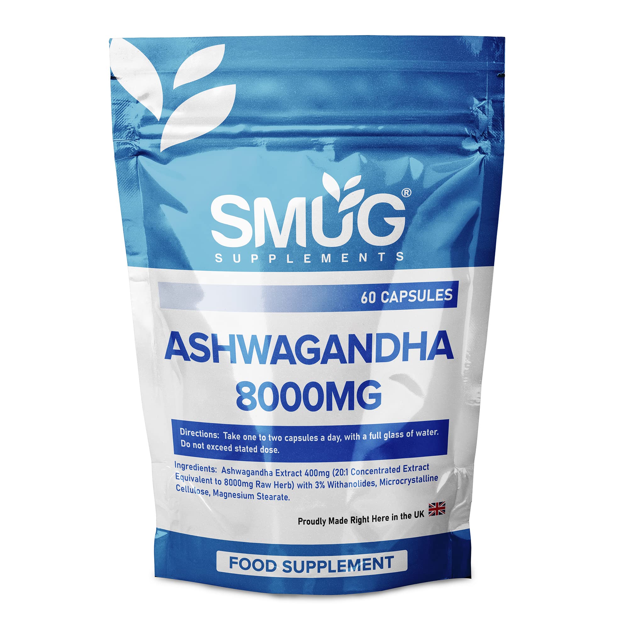 SMUG SupplementsAshwagandha Capsules - 60 High Strength Pills - Powerful Extract Equivalent to 8000mg Raw Herb - Helps Support Relaxation and General Well-Being - Made in Britain