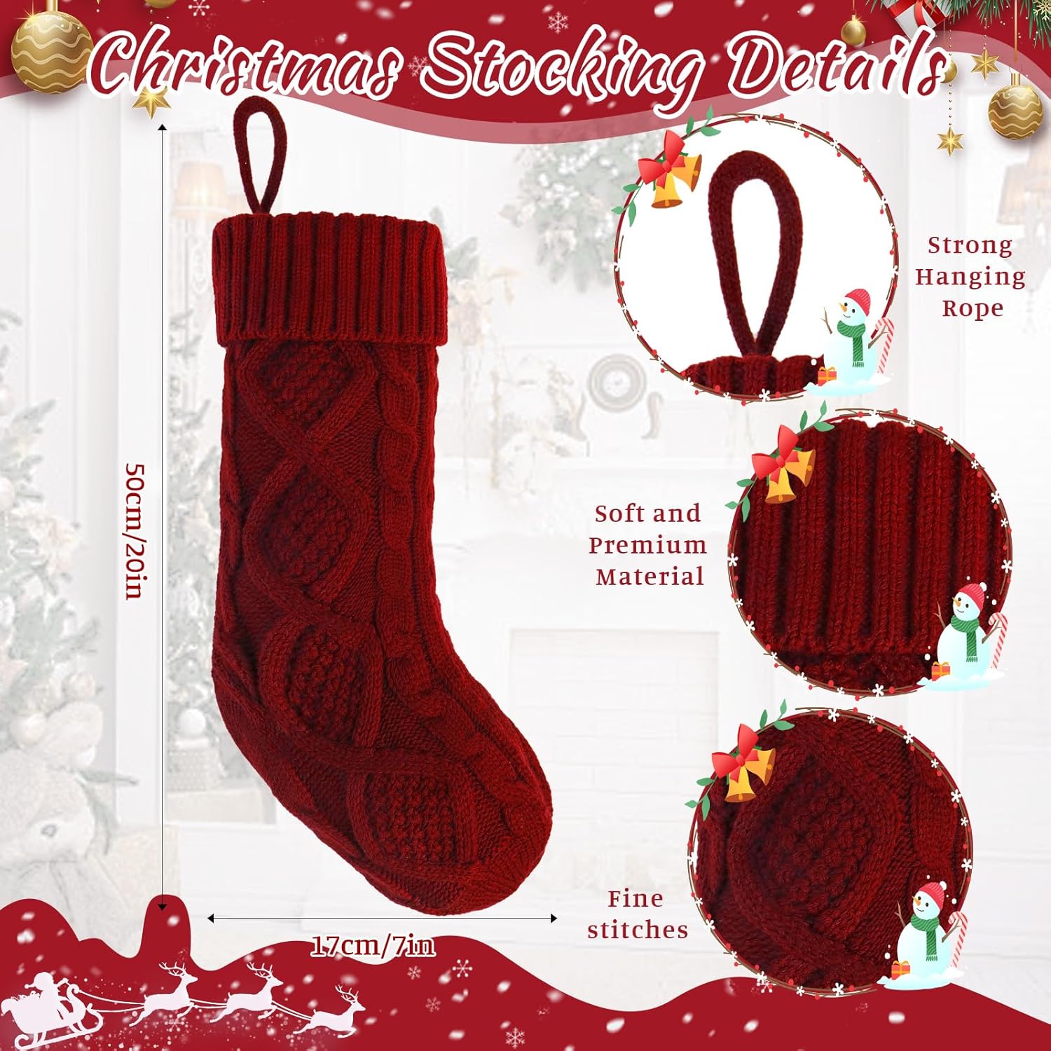 4 Pack Christmas Stockings Personalized, 18 Inches Large Knitted Stocking with DIY Snowman Tassel Name Tags for Family, Xmas Hanging Stocking for Mantel Fireplace Tree Decor, Red Green White