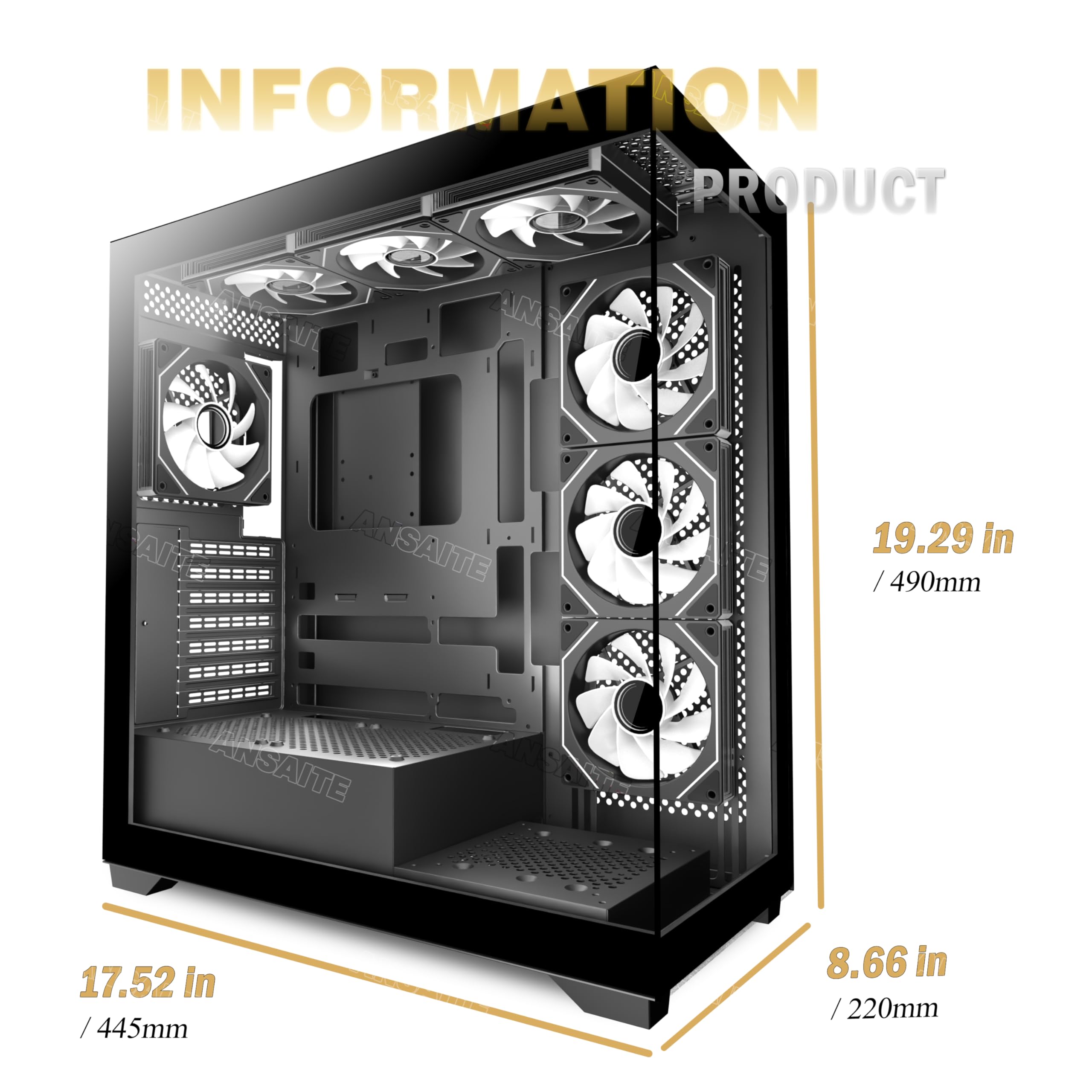 ANSAITE Boîtier PC ATX 7 Ventilateurs PWM ARGB pré-installés, Boîtier PC Gaming Mid-Tower, Boîtier Informatique panoramique en Verre trempé avec Type-C, Support de radiateur 360mm,Noir,C9 - 3