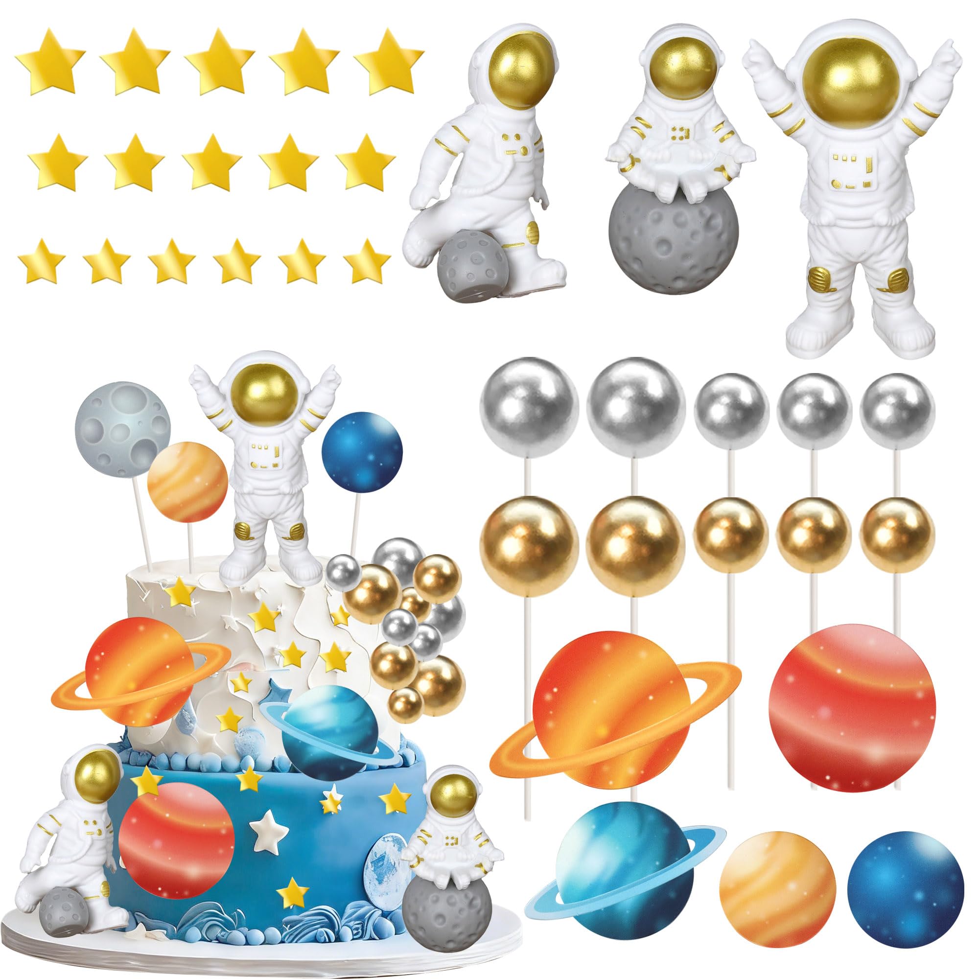 SYKYCTCY 31 Pack Space Cake Topper Outer Space Astronaut Rocket Stars Cake Decorations Balls Cake Picks for Astronaut Figurine Birthday Outer Space Themed Party Decorations Supplies