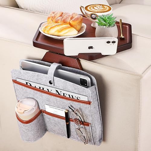 Jolitac Mesa con clip para el brazo del sofá, mesa auxiliar de madera para sofás anchos con reposabrazos para comerbeberaperitivoscontrol
