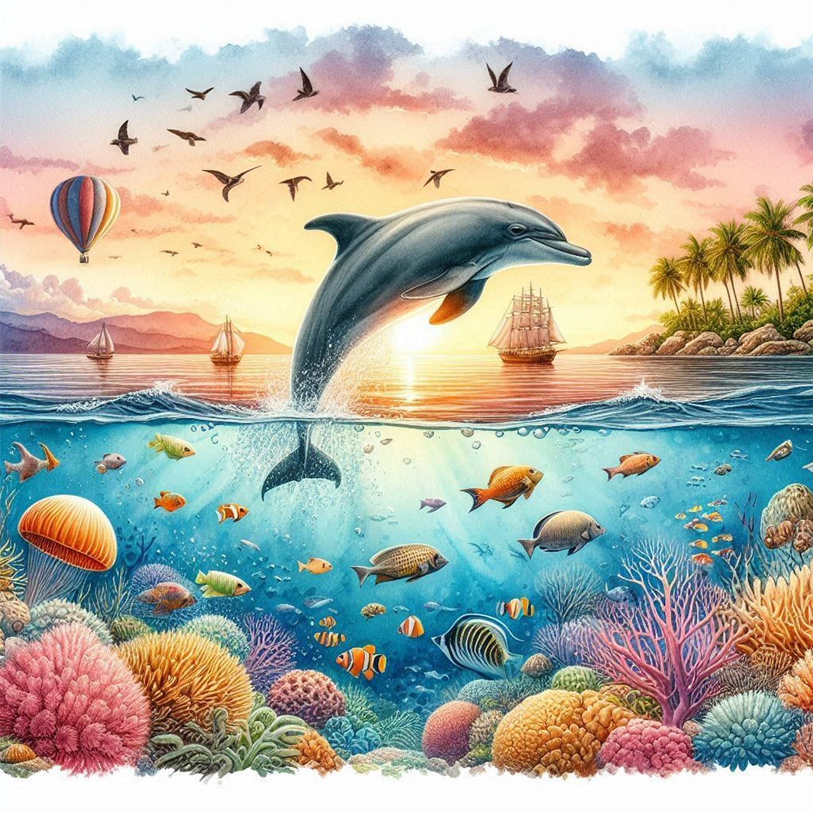 Poetrydraw Ocean Dolphin 5D Diamond Art Kit 40X40cm For Adults & Beginners Wall Decor Crafts