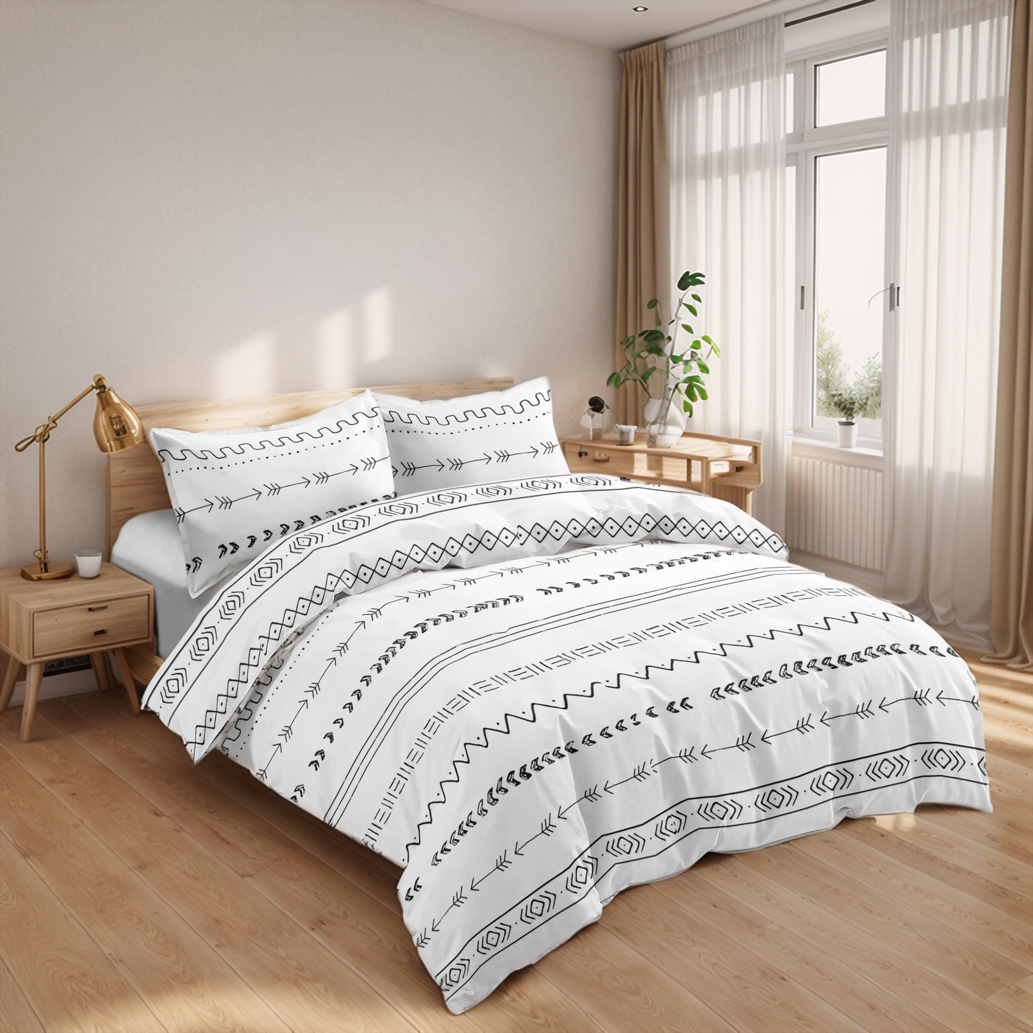 Juego de Funda Nórdica 4 Piezas Cama 150 Microfibra Extra Suave Transpirable - 1 Funda Edredón 240x220 cm, 1 Bajera 150x200+28 cm y 2 Fundas de Almohada 50x90 cm (Blanco Tribal)