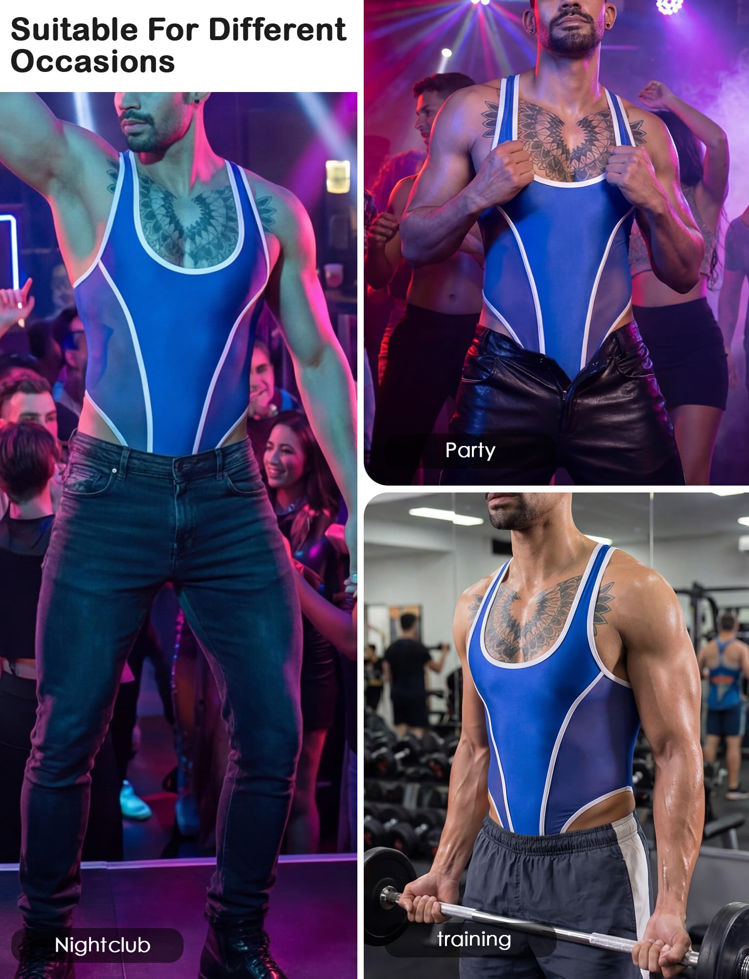 FEOYA Collants en résille pour homme - Transparent - Body pour homme - Sous-vêtements transparents sans manches - Thong sexy - Clubwear - Vêtements de nuit