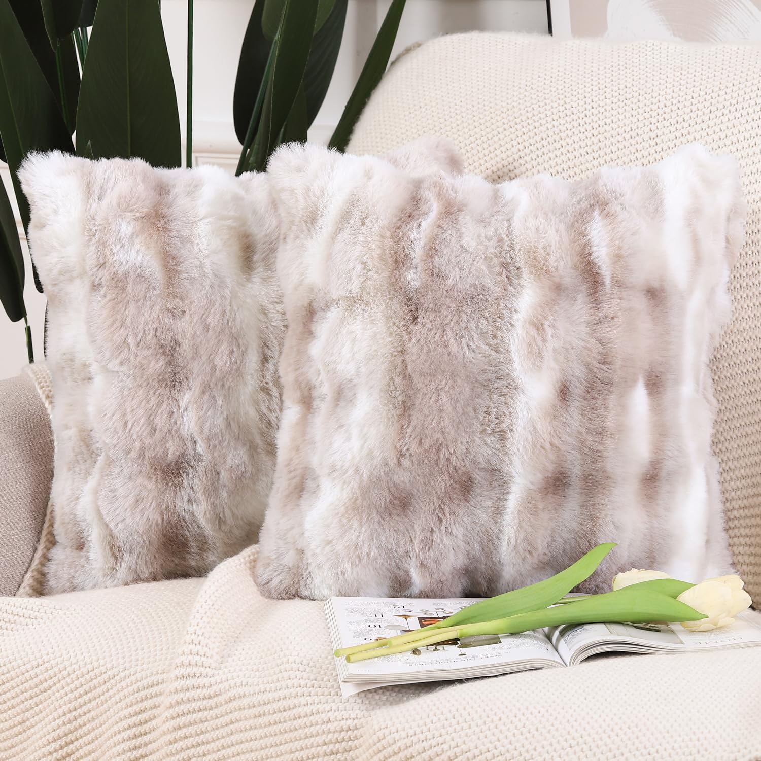 Madizz Pack of 2 Thick Plush Faux Wool Cushion Covers 65x65 cm White Taupe Soft Neutral Decorative Throw Pillow Covers Accent Boho Pillowcases for Couch Sofa Bedroom Pillow Shell