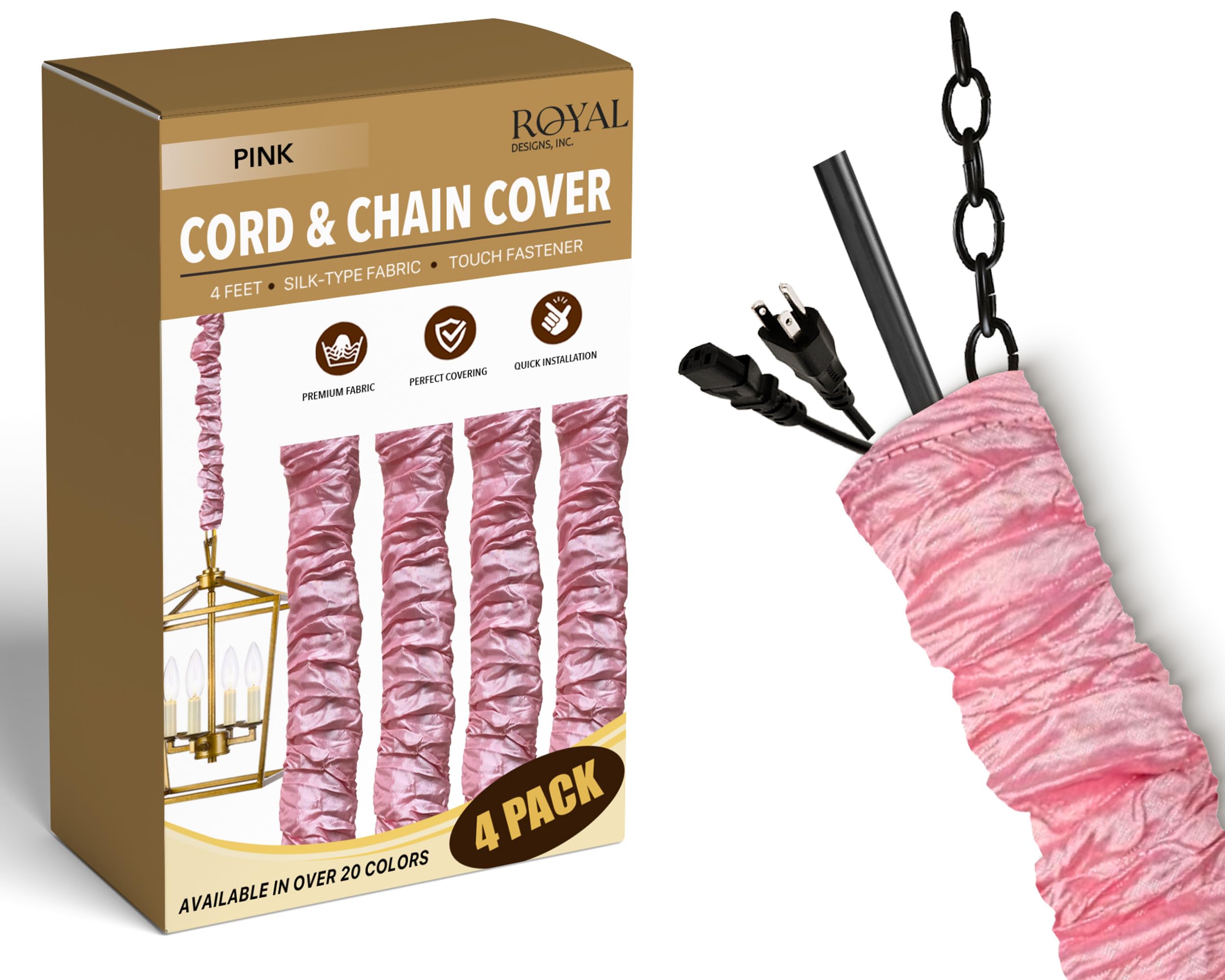 Royal Designs, Inc. Cord &amp; Chain Cover 4 ft Silk Type Fabric, Chandelier Pendant Lighting Chain &amp; Cable Management, Touch Fastener, Pink - 4 Pack
