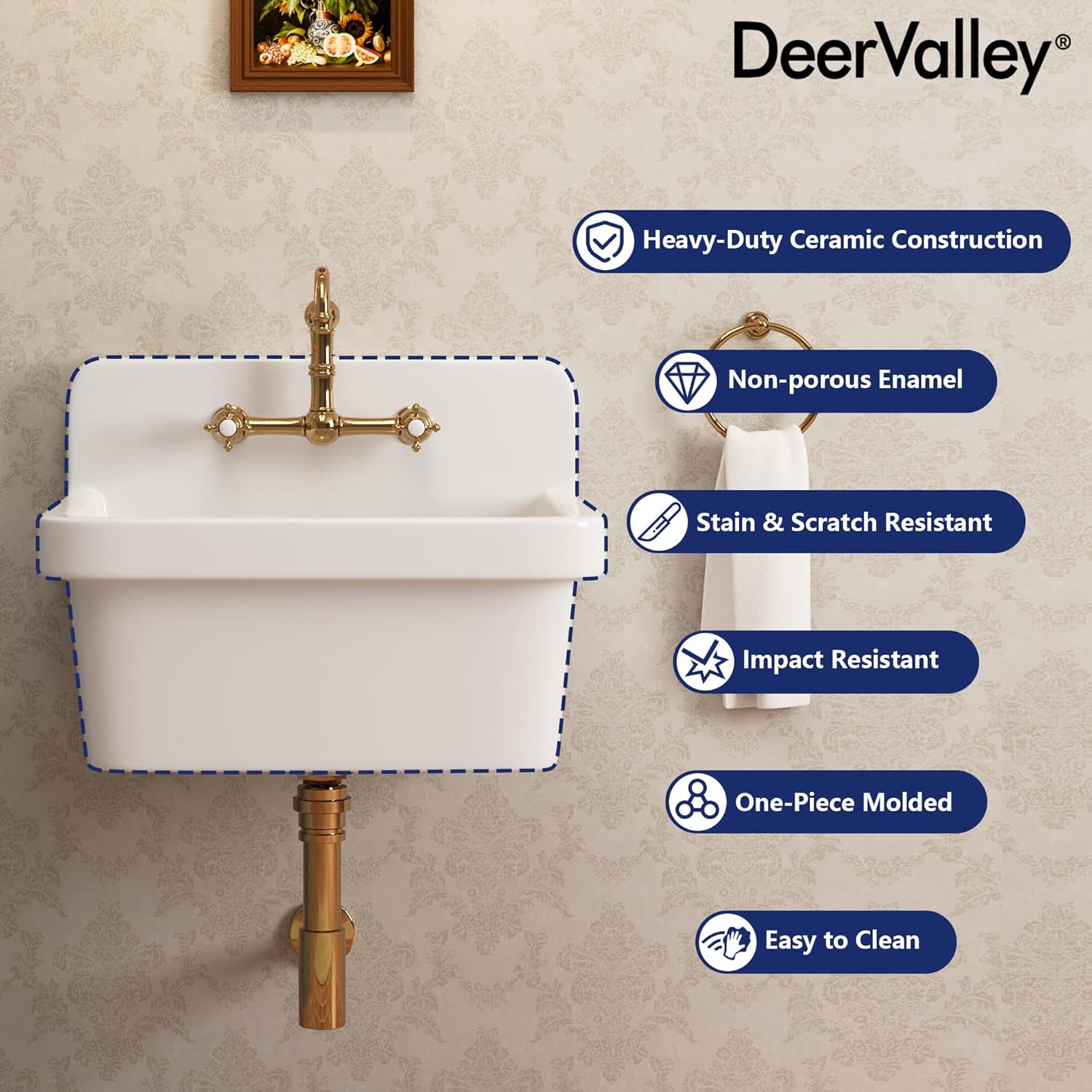 DeerValley Wall Mount Utility Sink 24 Inch, White Laundry Sink, Ceramic High Back Farmhouse Sink for Laundry Room, Garage, Kitchen, Bathroom