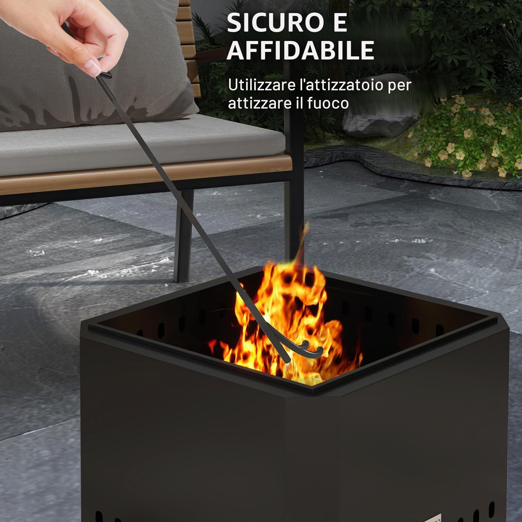 Outsunny Focolare senza fumo 48 cm portatile a legna, Nero | Stufa da falò quadrata in metallo, attizzatoio, giardino, campeggio
