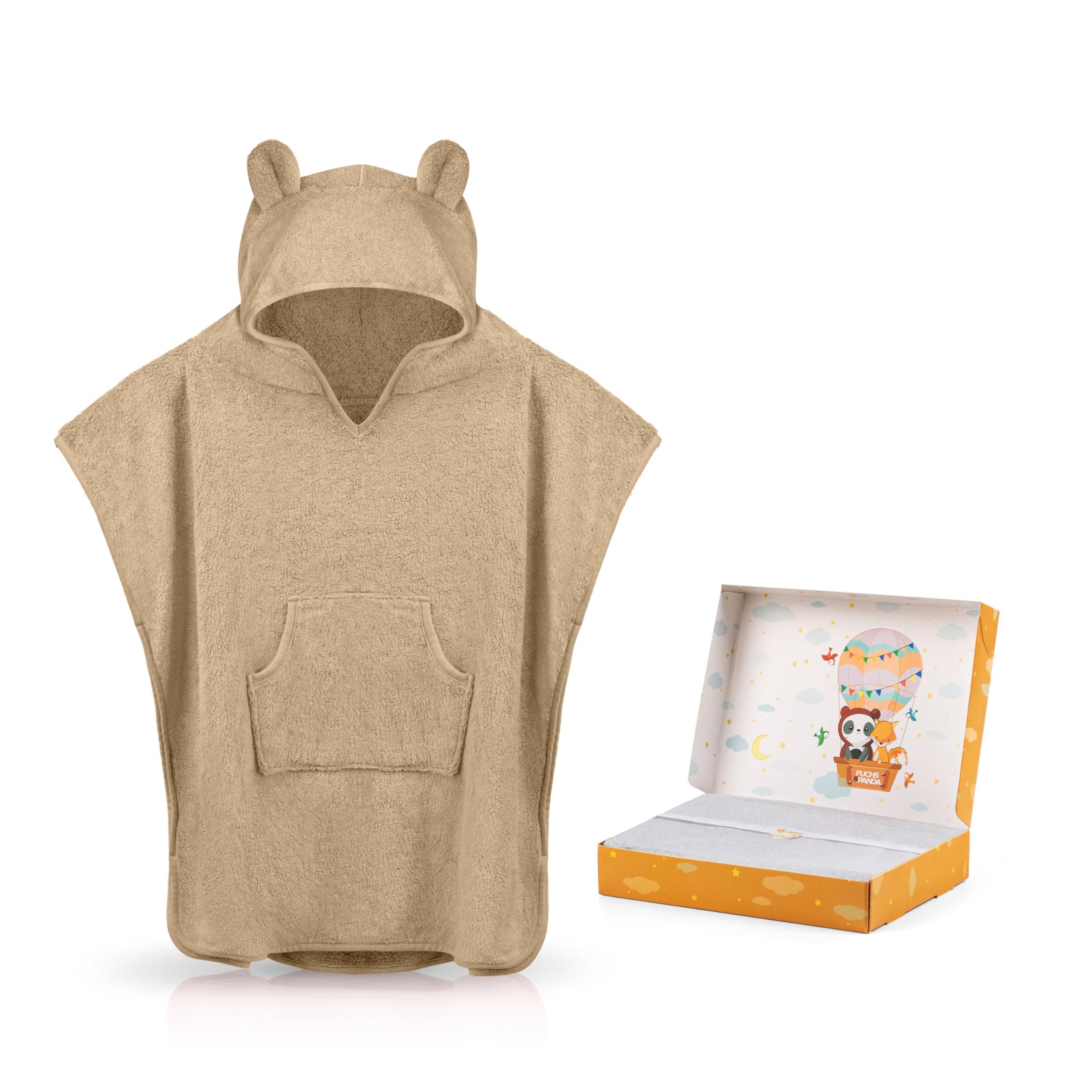 FUCHSUNDPANDA Fuchs&Panda® Badeponcho Kinder EXTRA warm, weich & kuschelig (100% Bambus) | Badeponcho Baby | Handtuch Poncho Kinder mit toller Geschenkverpackung (Mojave-beige)