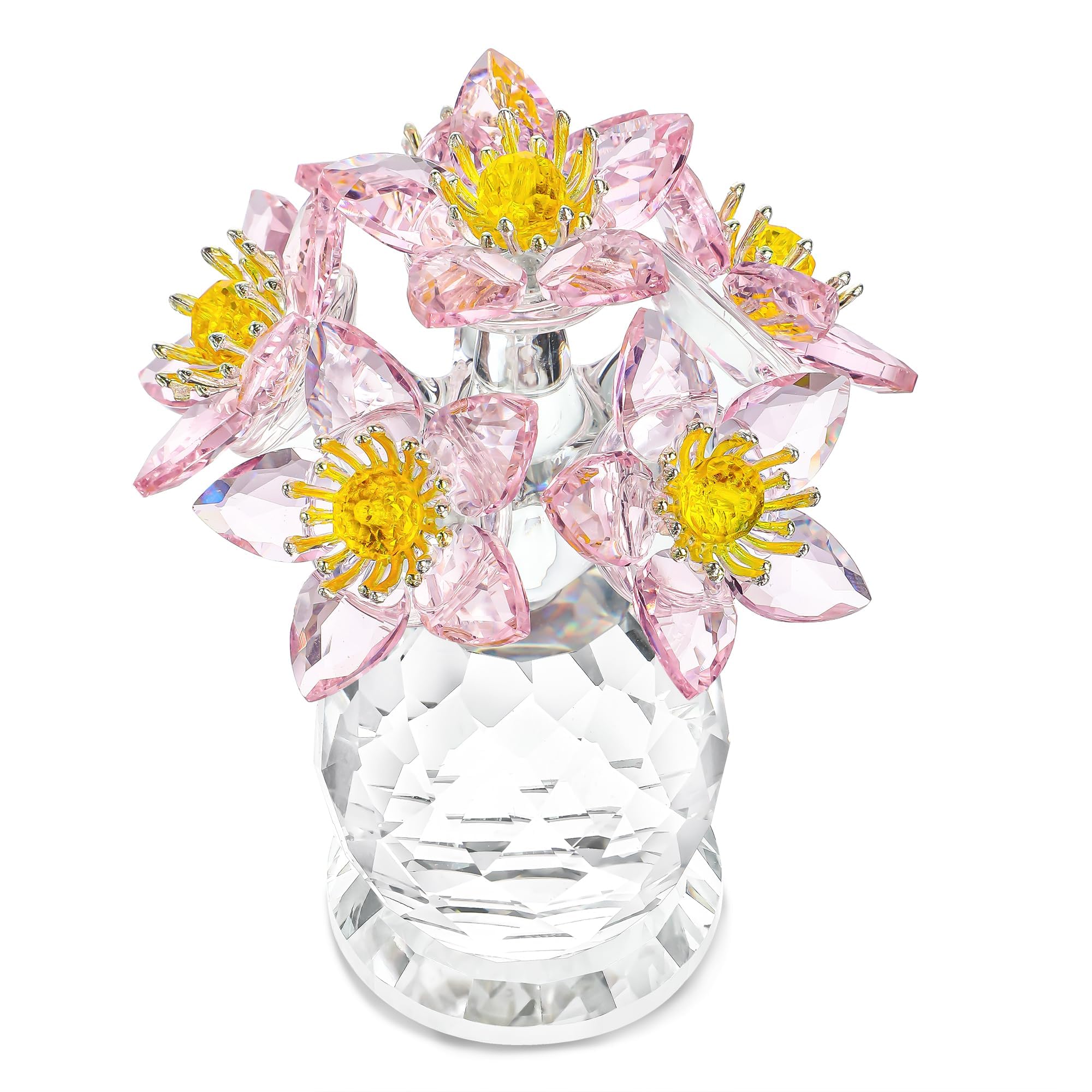 Crystal Flower Figurine with Vase 3.8in Tall Glass Flower Figurine Collections Home Decor for Wedding Centerpiece Gift for Women(Pink)