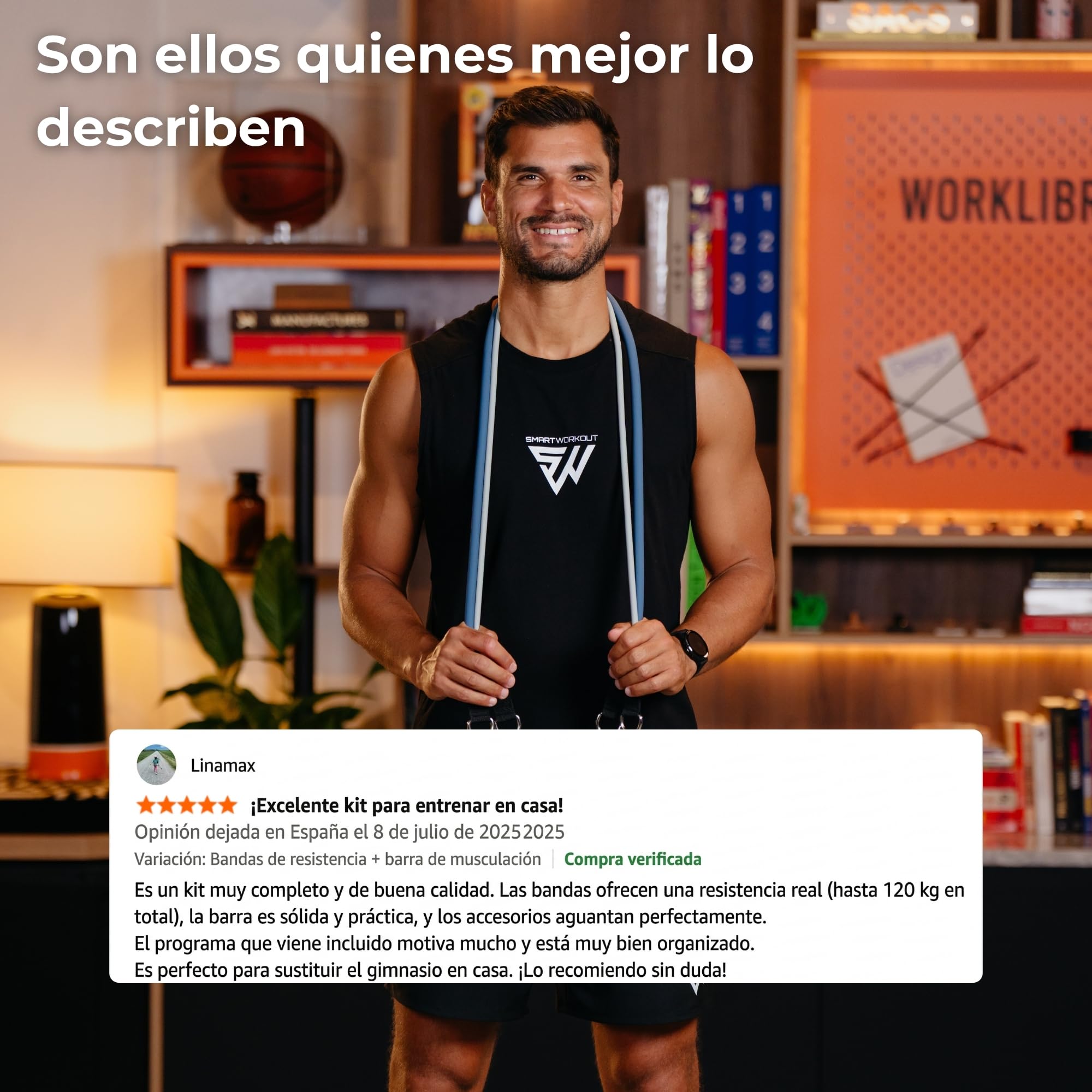 SMARTWORKOUT Pro - Kit de Bandas de Resistencia para Musculación (120 kg) - 7 Gomas de Látex, Accesorios y App de Entrenamiento - Opción con o sin Barra