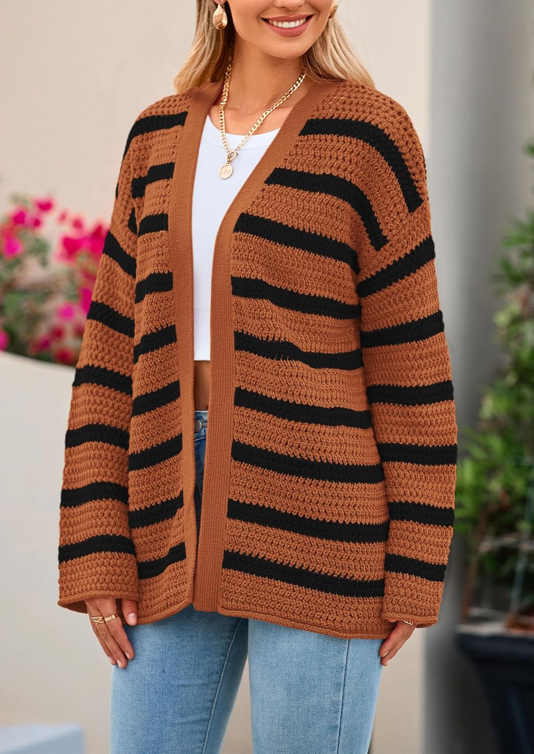 PRETTYGARDEN Women's 2024 Fall Striped Open Front Cardigan Sweaters Chunky Knit Long Sleeve Loose Trendy Winter Cardigans - Image 7