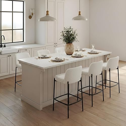 Miniatura 12 de Juego de 2 taburetes modernos de sherpa de 26 pulgadas, taburetes de bar tapizados de color blanco con respaldo cómodo, sillas de comedor altas,