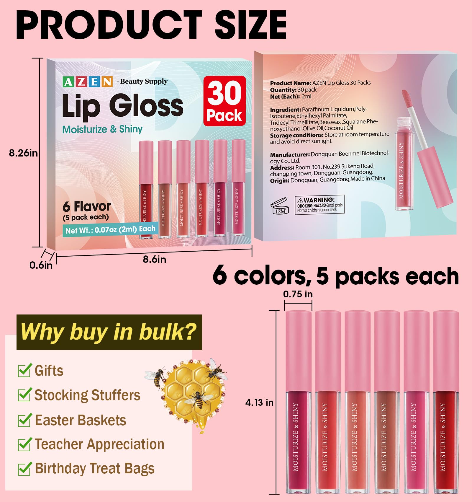 AZEN 30 Stück Lipgloss, Großpackung, schimmernder Lipgloss für Damen und Mädchen mit reichen verschiedenen Farben