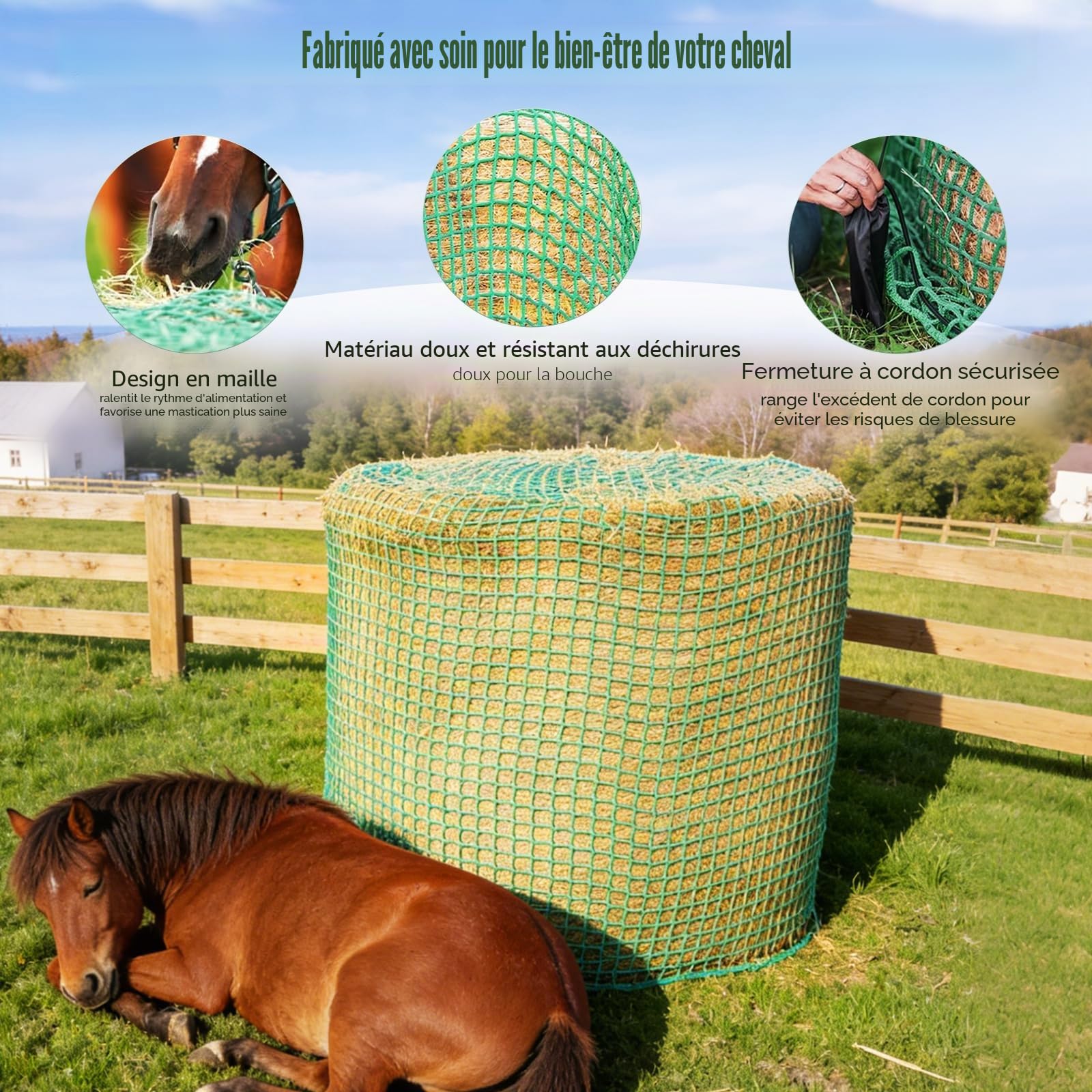 Filet à Foin pour Balles Rondes, Ø 150 cm Hauteur 150 cm Grand Filet à Foin pour Chevaux Filet à Foin à Mailles Fines 5 x 5 cm Filet Robuste pour Balles Rondes avec Sac Rangement