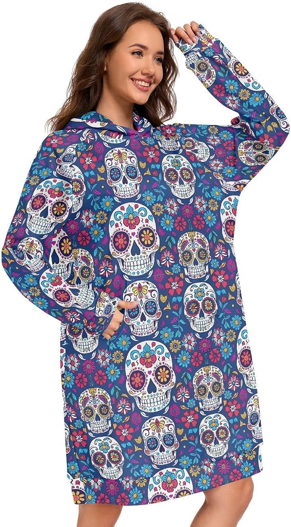 Sugar Skull on BlueWomens Hoodies Oversized Sweatshirt