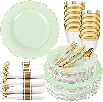 Liacere 350PCS Light Green Plates - Disposable Green and Gold Plastic Plates 50guest Baroque Dinnerware include 100Plates,50Pack Pre Rolled Napkins with Silverware 50Cups for Mother's Day