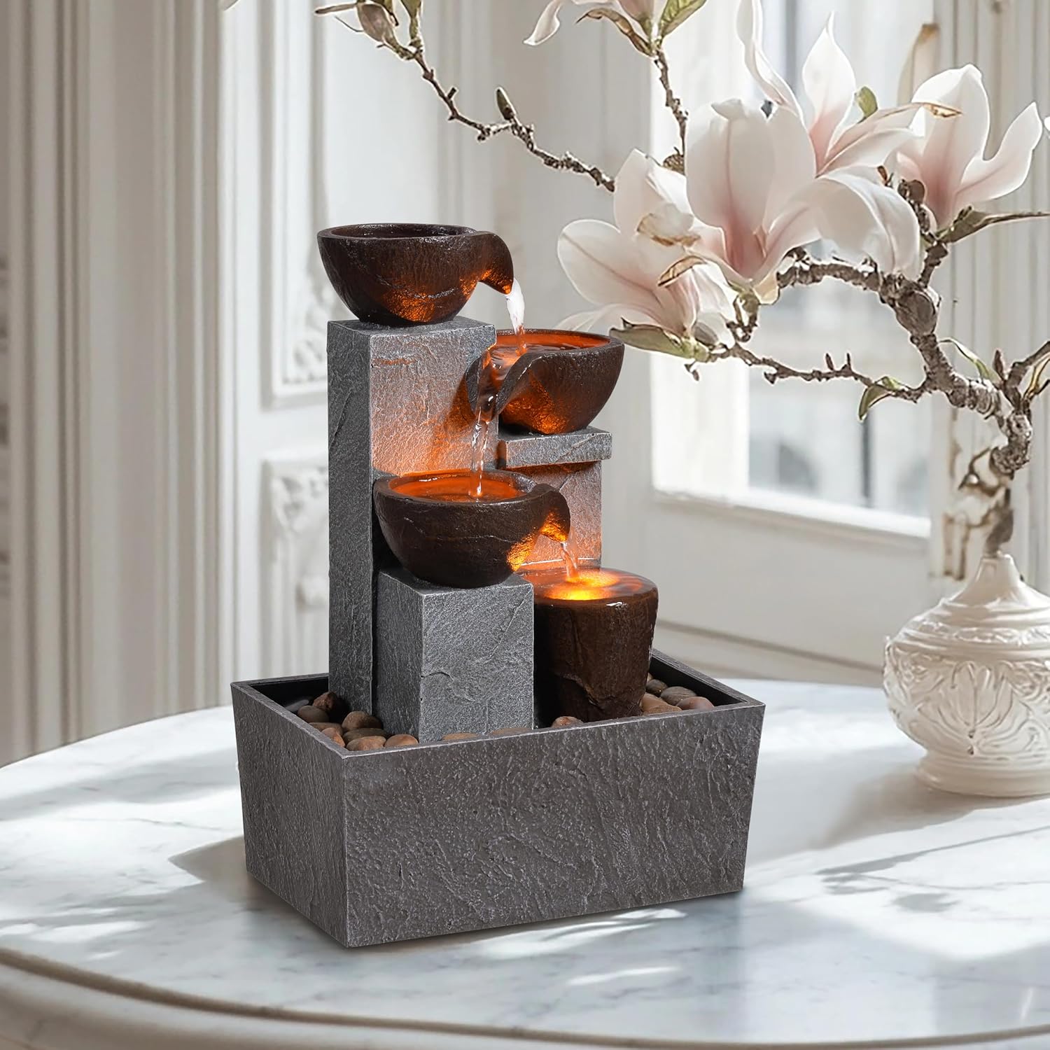 13 Inch Tabletop Water Fountain with 3 LED Lights, Tiered Waterfall, Automatic Pump, Natural River Rocks, Zen Relaxation for Office, Home, Living Room or Bedroom