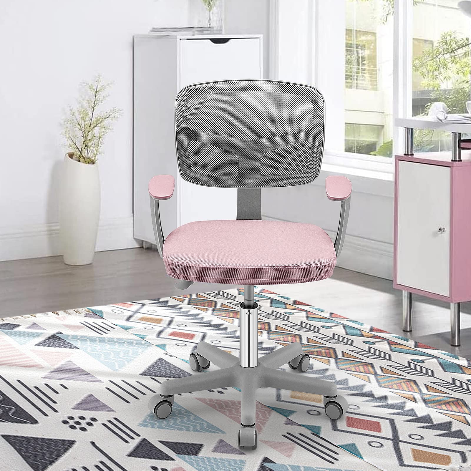 Giantex Kids Desk Chair, Children Computer Chair with Wheels and Y-Shaped Lumbar Support, Mesh Kids Office Chair, Height Adjustable Desk Chair for Girls Boys Aged 4-13, Pink