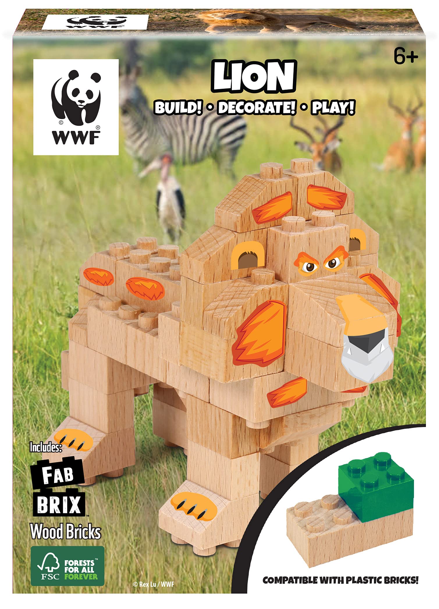 FabBrix WWF Wooden Bricks Lion Wooden Building Blocks, Clamping Blocks Made of Certified Beech Wood, 100% Compatible with Conventional Building Blocks FB-WWF009