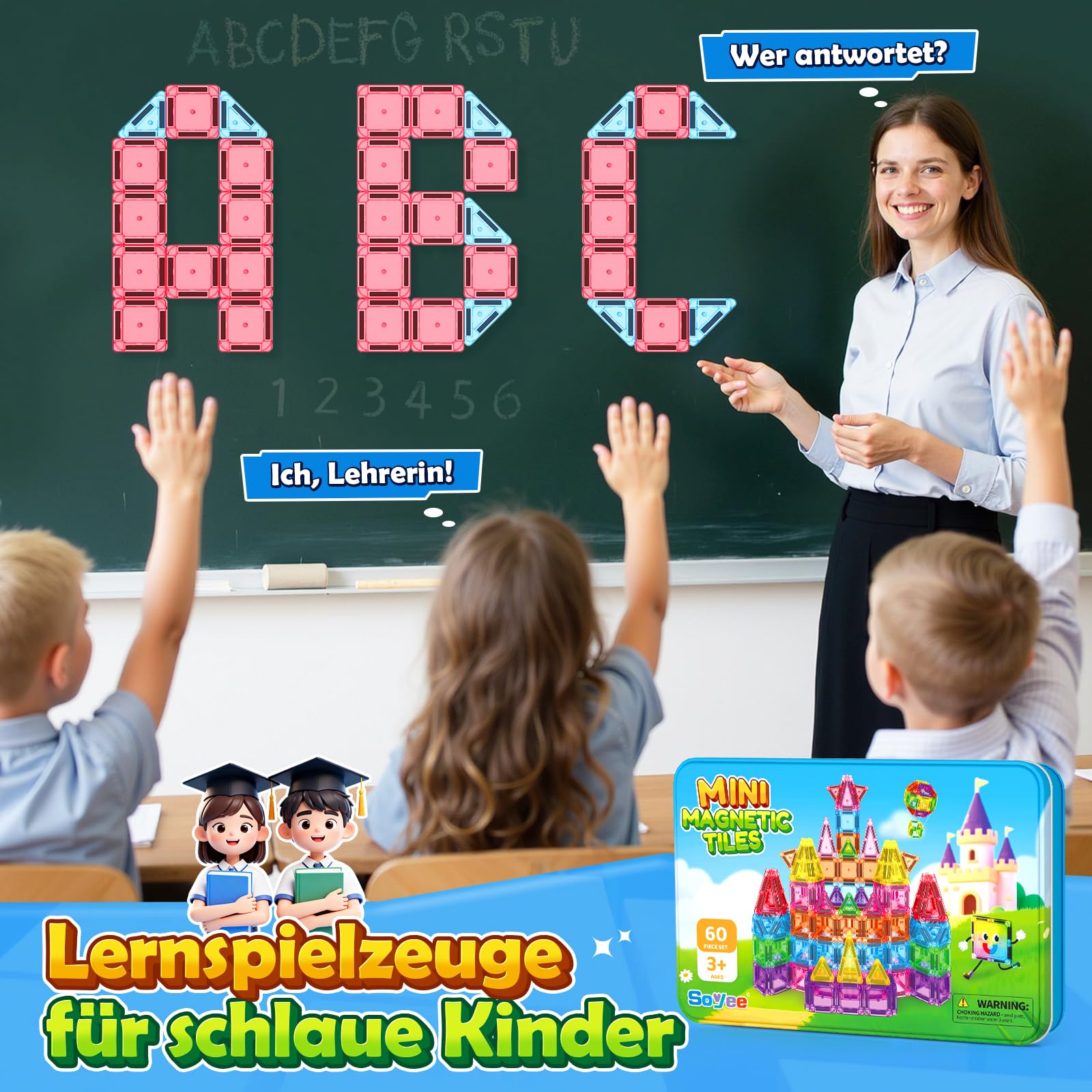 Mini Magnetische Bausteine Reiseset 60PCS mit Metallbox, STEM Lernspielzeug | Tragbares Reisespielzeug ab 3 Jahren für Kinder, STEM Bauspielzeug, Sensorik-Spielzeug, kompatibel mit Magnetbausteinen