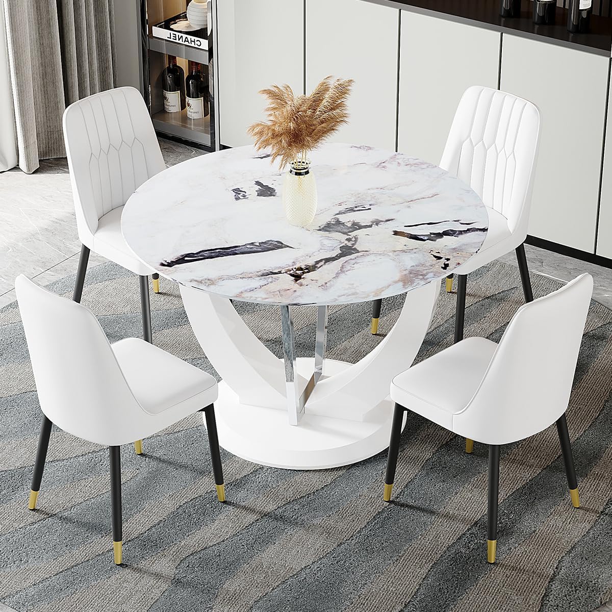 Amazon.com - JUFU White Round Dining Table Set for 4, 47" Faux Marble ...