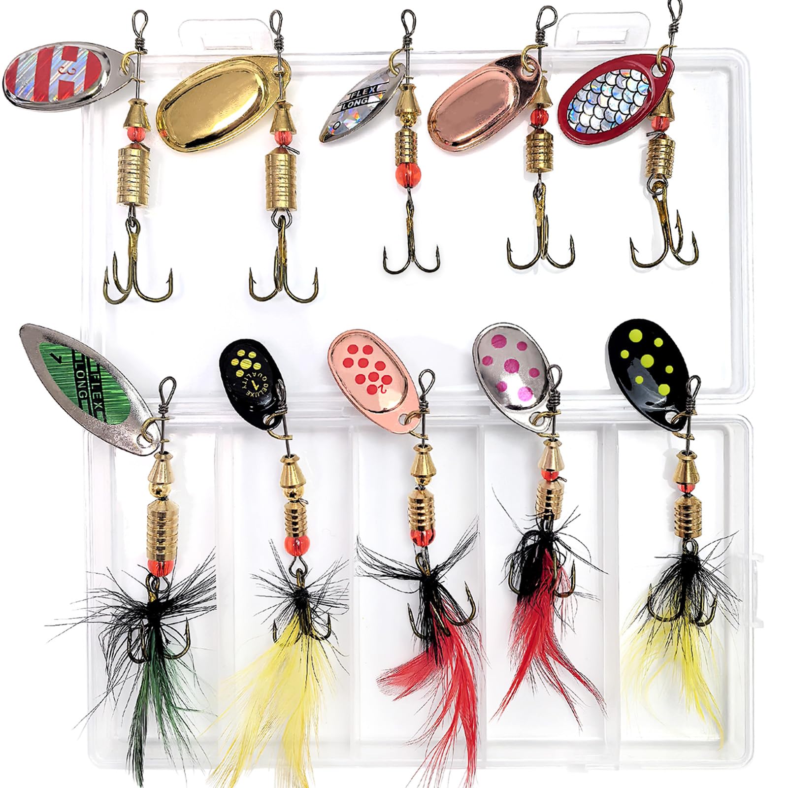 10PCS Rooster Tail Fishing Lures Trout Lures Inline Spinners Baits Kit for Bass Salmon Walleye Crappie Pike Spoon Fishing Lure with Feathered Treble Hooks for Freshwater and Saltwater